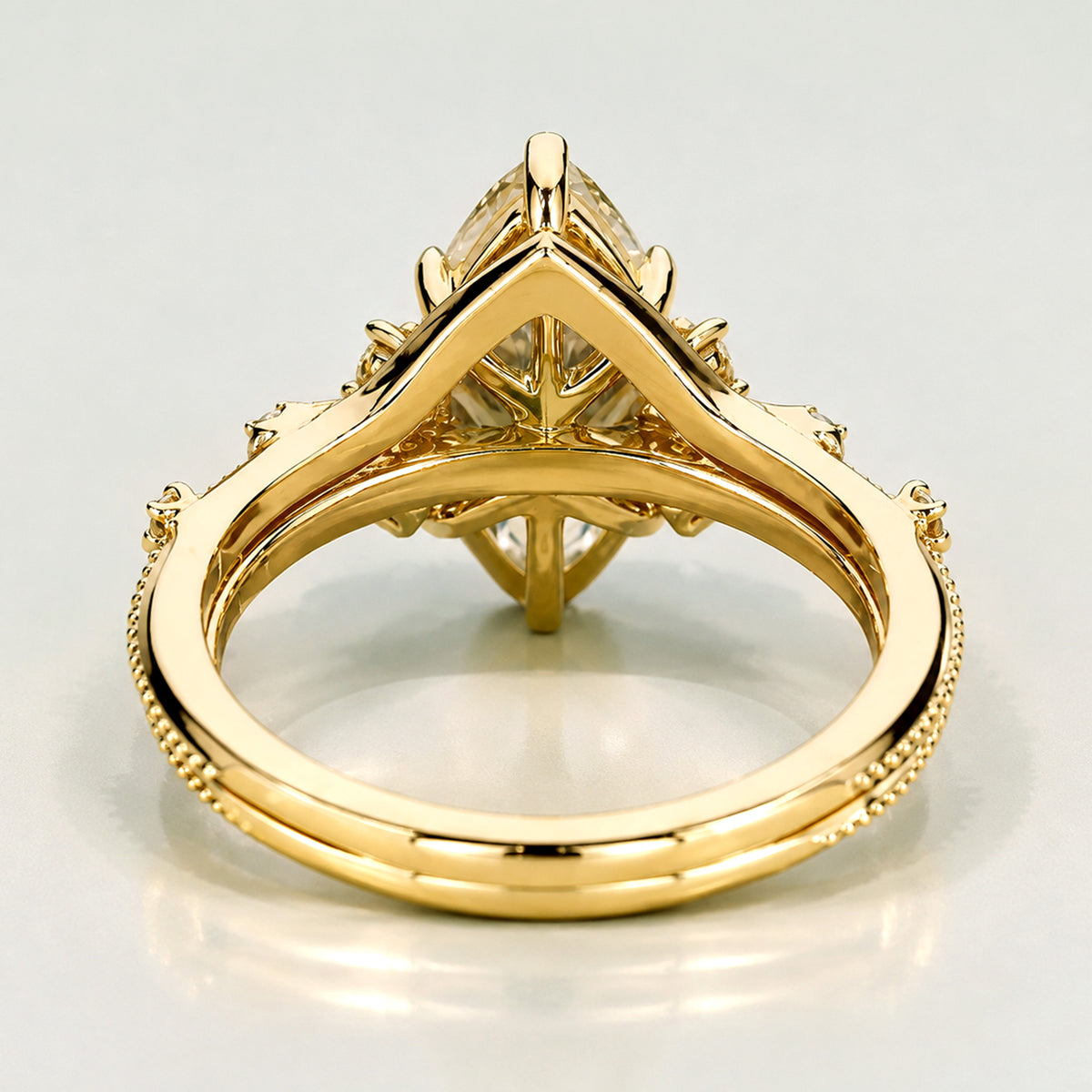 Vintage Art Deco Design Marquise Cut Lab Grown Diamond Center Stone Cathedral Basket Milgrain Pave Bridal Set With Curved Band #MCBSL0021