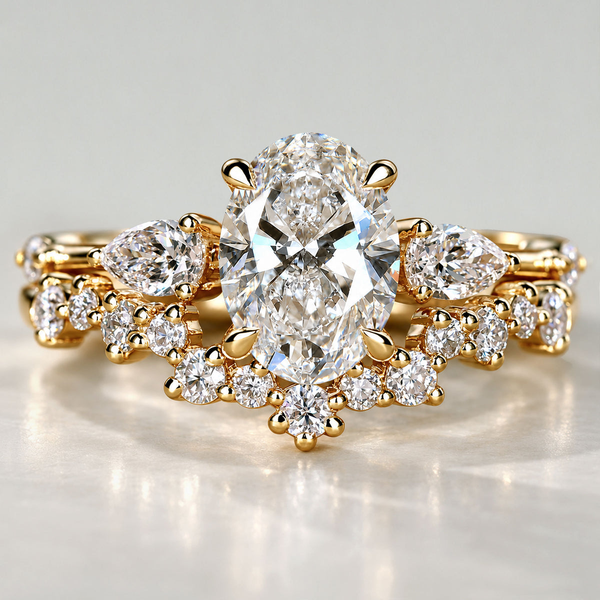 Three Stone Modern Design Oval Cut Lab Grown Diamond Tulip Basket Bridal Set With Round Cut Stones Half Pave Curved Band #MCBSL0026