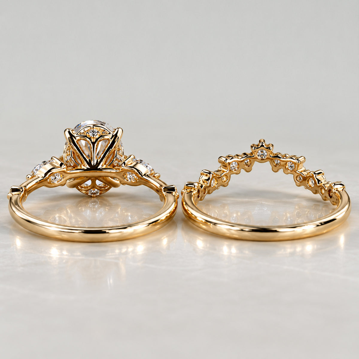 Three Stone Modern Design Oval Cut Lab Grown Diamond Tulip Basket Bridal Set With Round Cut Stones Half Pave Curved Band #MCBSL0026