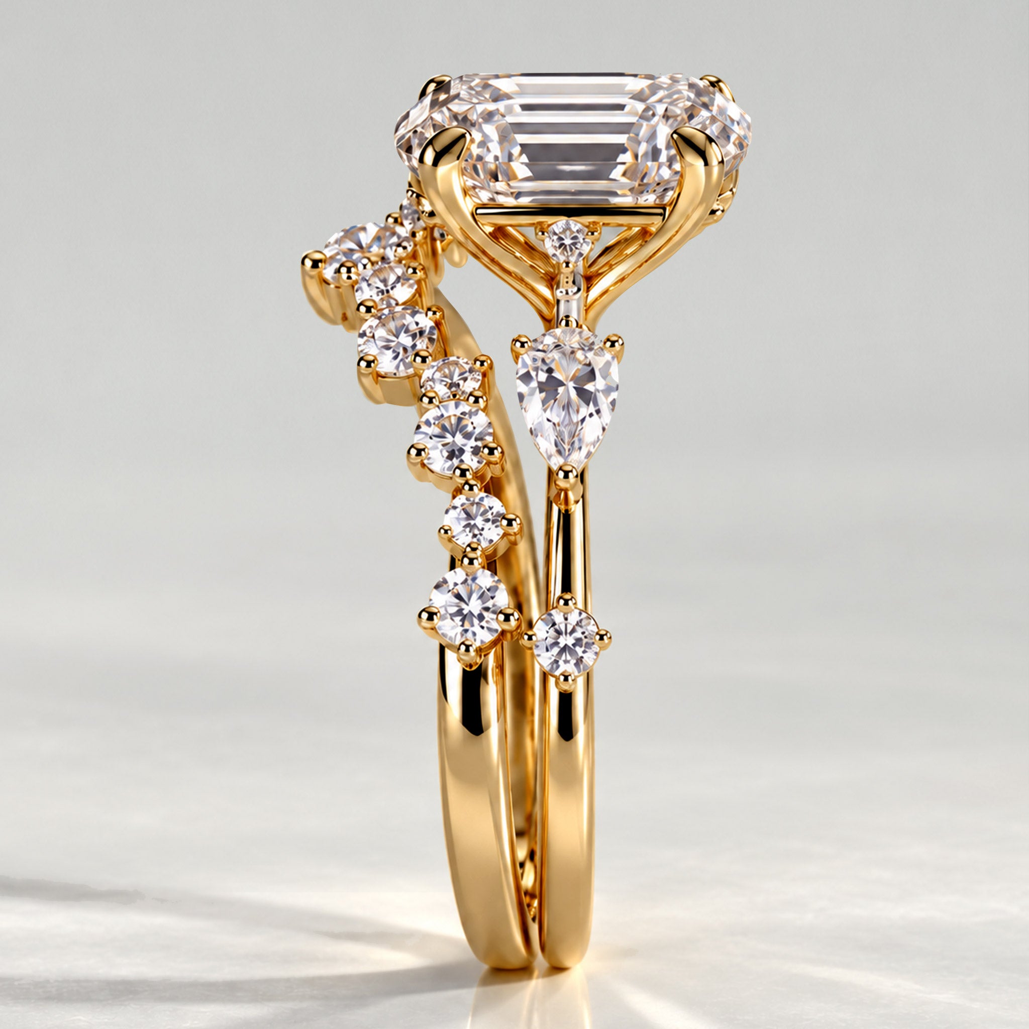 Three Stone Modern Design Oval Cut Lab Grown Diamond Tulip Basket Bridal Set With Round Cut Stones Half Pave Curved Band #MCBSL0026