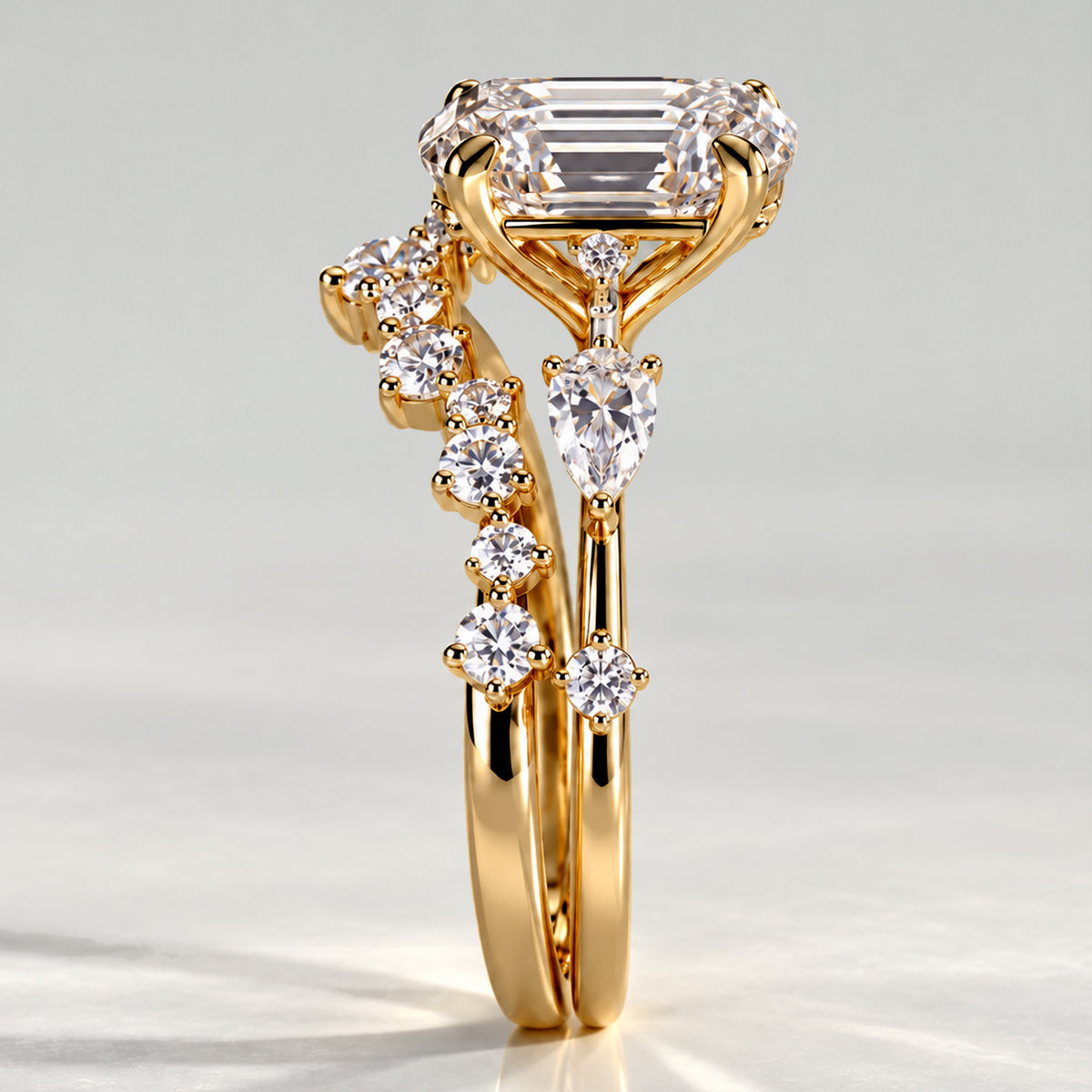 Three Stone Modern Design Oval Cut Lab Grown Diamond Tulip Basket Bridal Set With Round Cut Stones Half Pave Curved Band #MCBSL0026