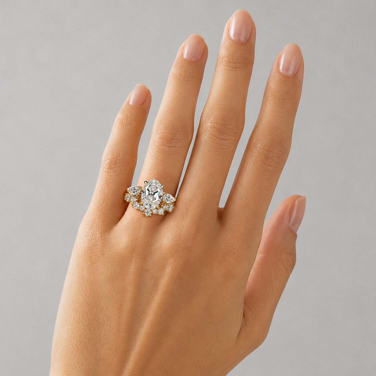 Three Stone Modern Design Oval Cut Lab Grown Diamond Tulip Basket Bridal Set With Round Cut Stones Half Pave Curved Band #MCBSL0026