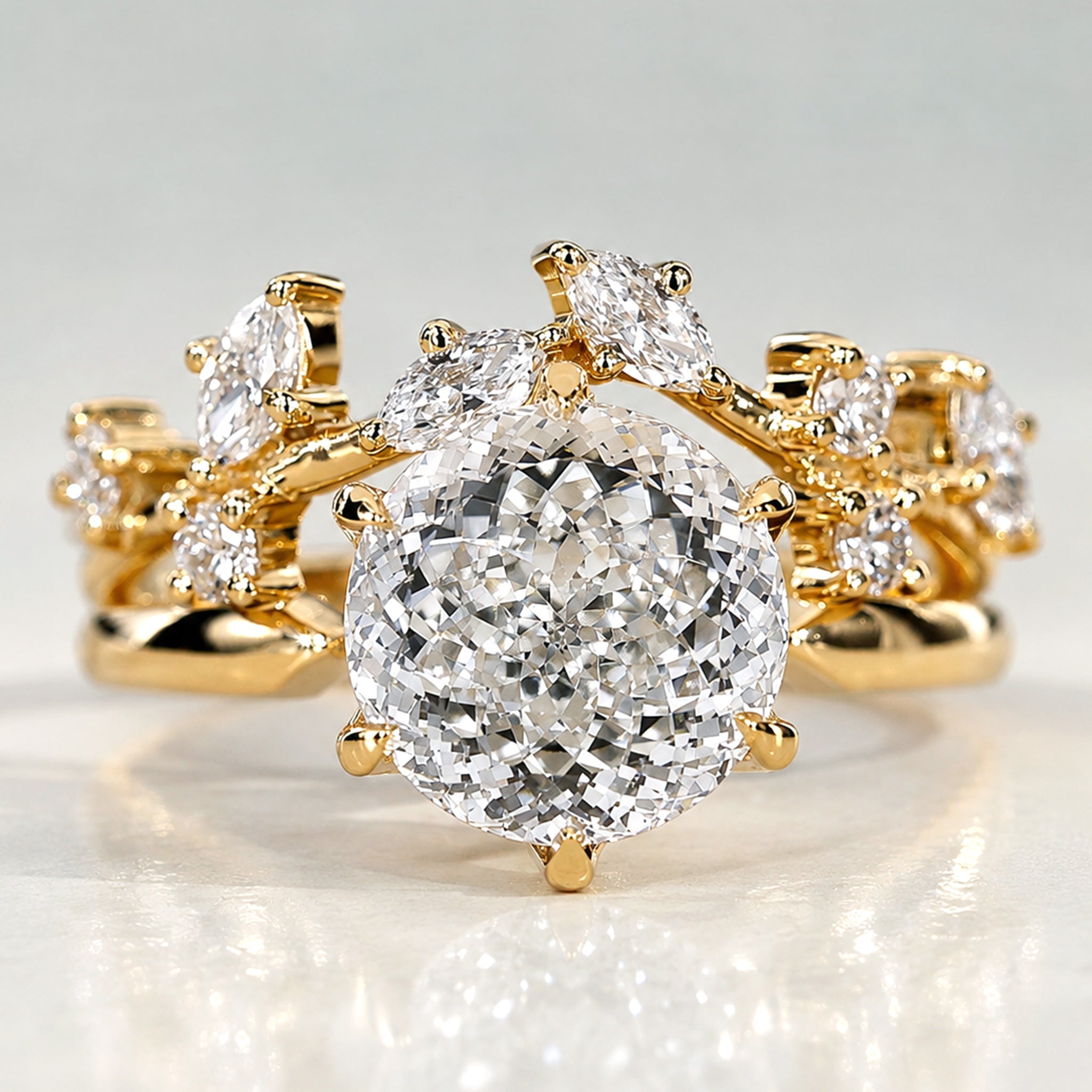 Nature Inspired Design Round Cut Lab Grown Diamond Center Stone Tulip Basket Bridal Set With Curved Band #MCBSL0028