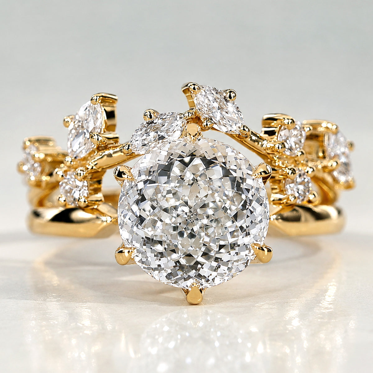 Nature Inspired Design Round Cut Lab Grown Diamond Center Stone Tulip Basket Bridal Set With Curved Band #MCBSL0028