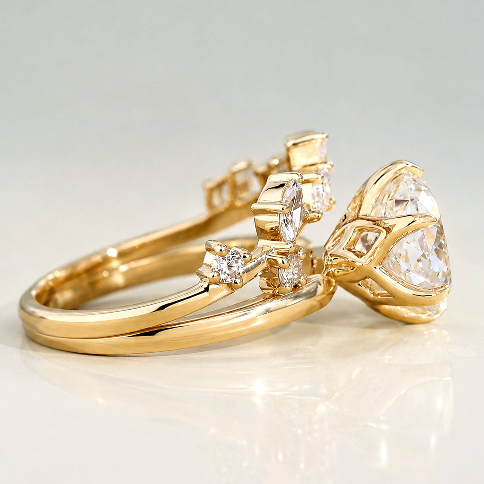Nature Inspired Design Round Cut Lab Grown Diamond Center Stone Tulip Basket Bridal Set With Curved Band #MCBSL0028