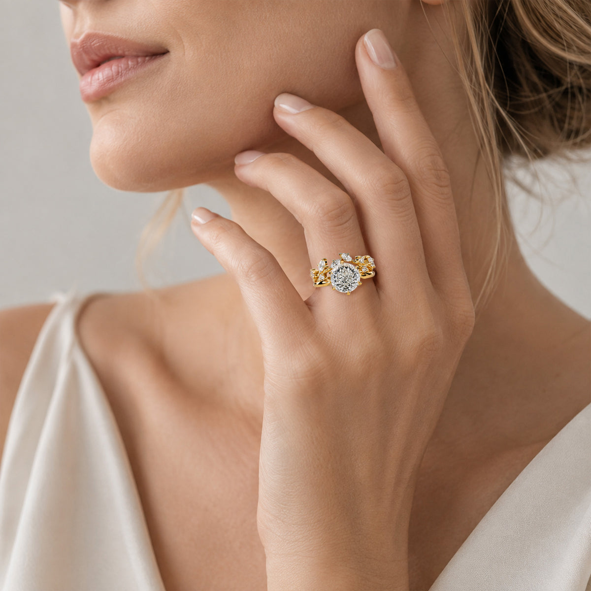 Nature Inspired Design Round Cut Lab Grown Diamond Center Stone Tulip Basket Bridal Set With Curved Band #MCBSL0028