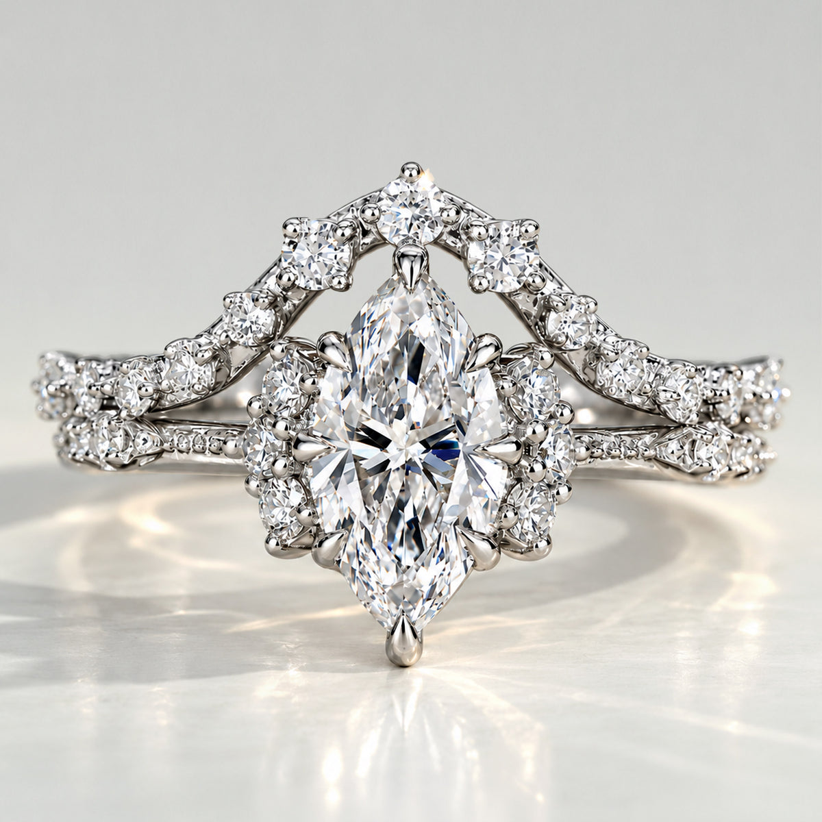 Halo Art Deco Design Marquise Cut Lab Grown Diamond Milgrain Engraved Bridal Set With Round Cut Stones Half Pave Curved Band #MCBSL0030