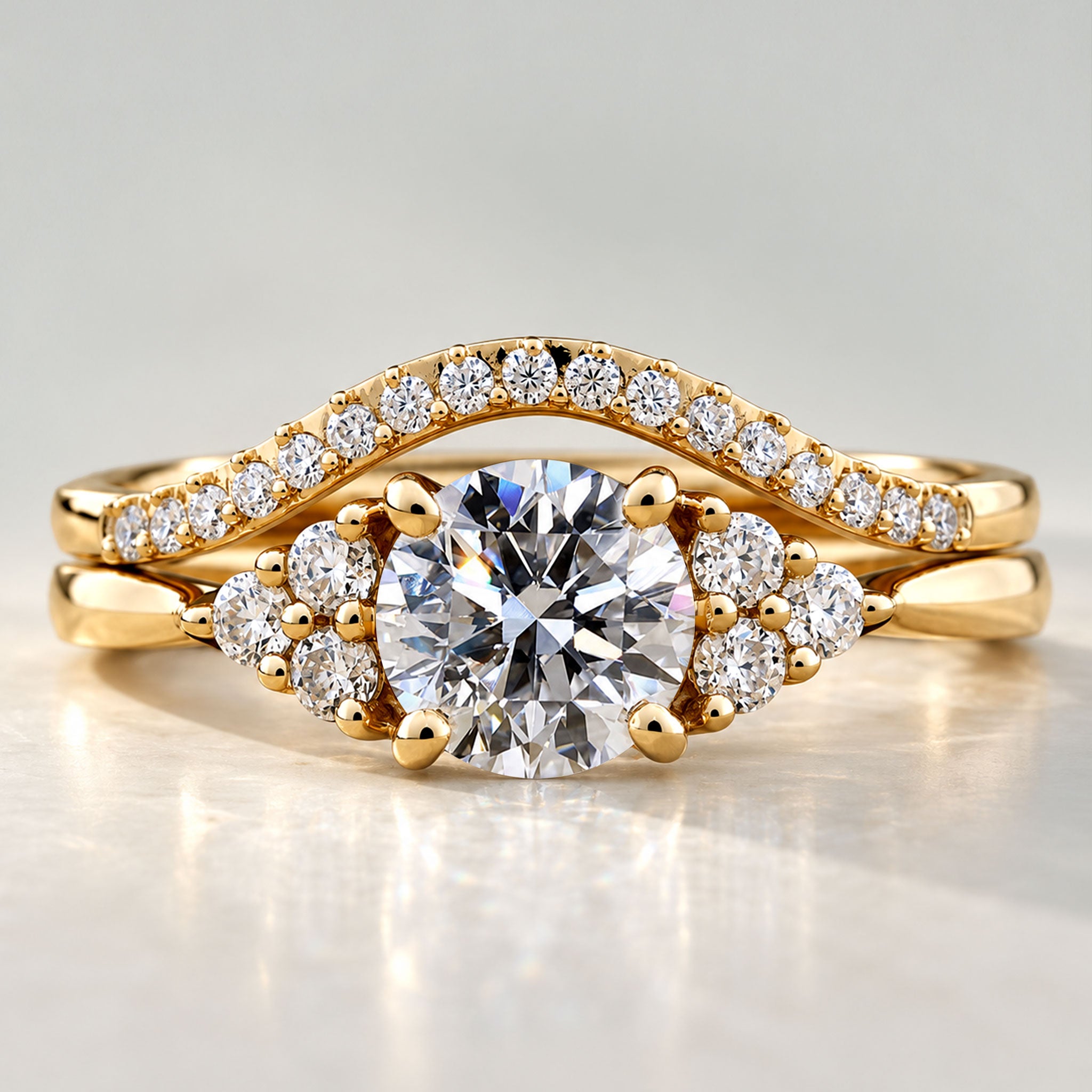 Modern Pave Design Round Cut Lab Grown Diamond Cathedral Basket Bridal Set With Round Cut Stones Half Pave Curved Band #MCBSL0033