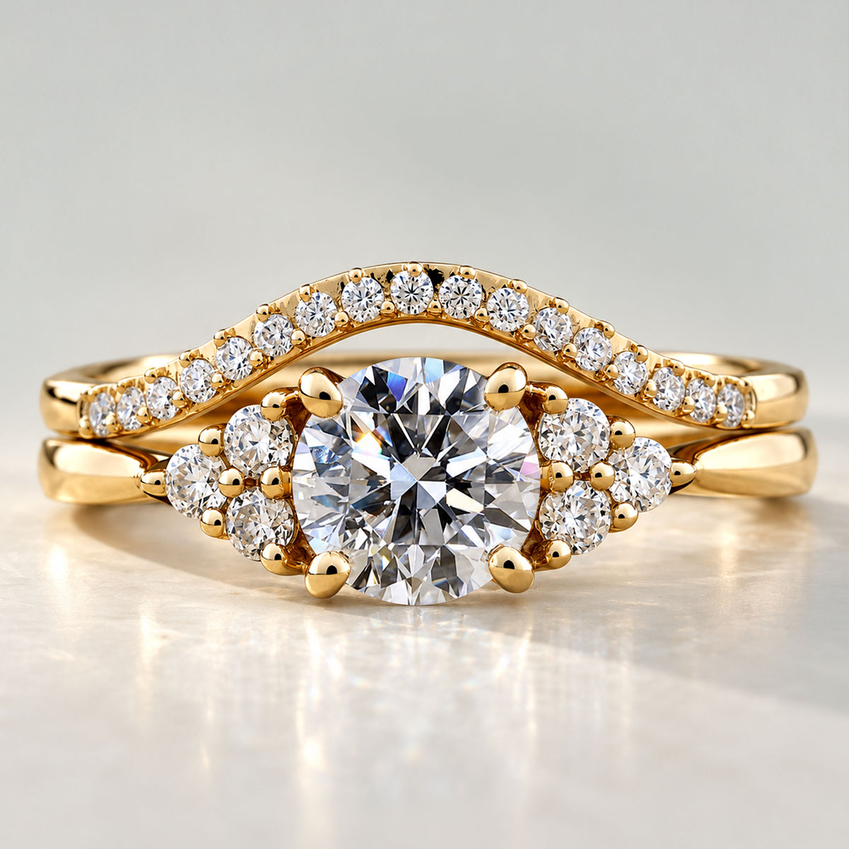 Modern Pave Design Round Cut Lab Grown Diamond Cathedral Basket Bridal Set With Round Cut Stones Half Pave Curved Band #MCBSL0033