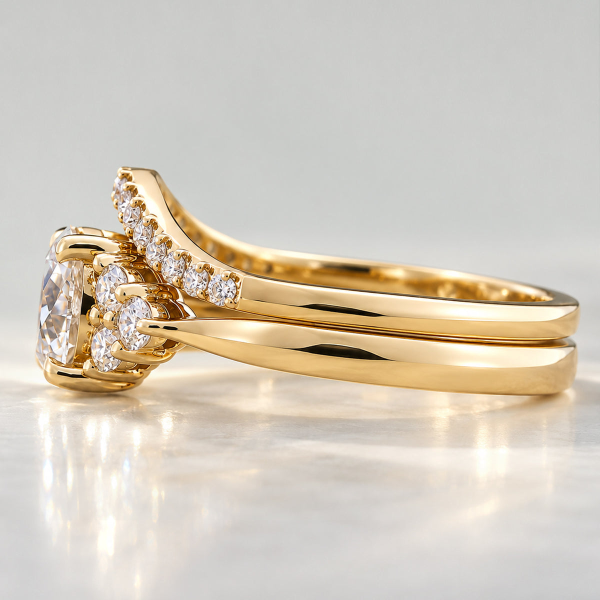 Modern Pave Design Round Cut Lab Grown Diamond Cathedral Basket Bridal Set With Round Cut Stones Half Pave Curved Band #MCBSL0033