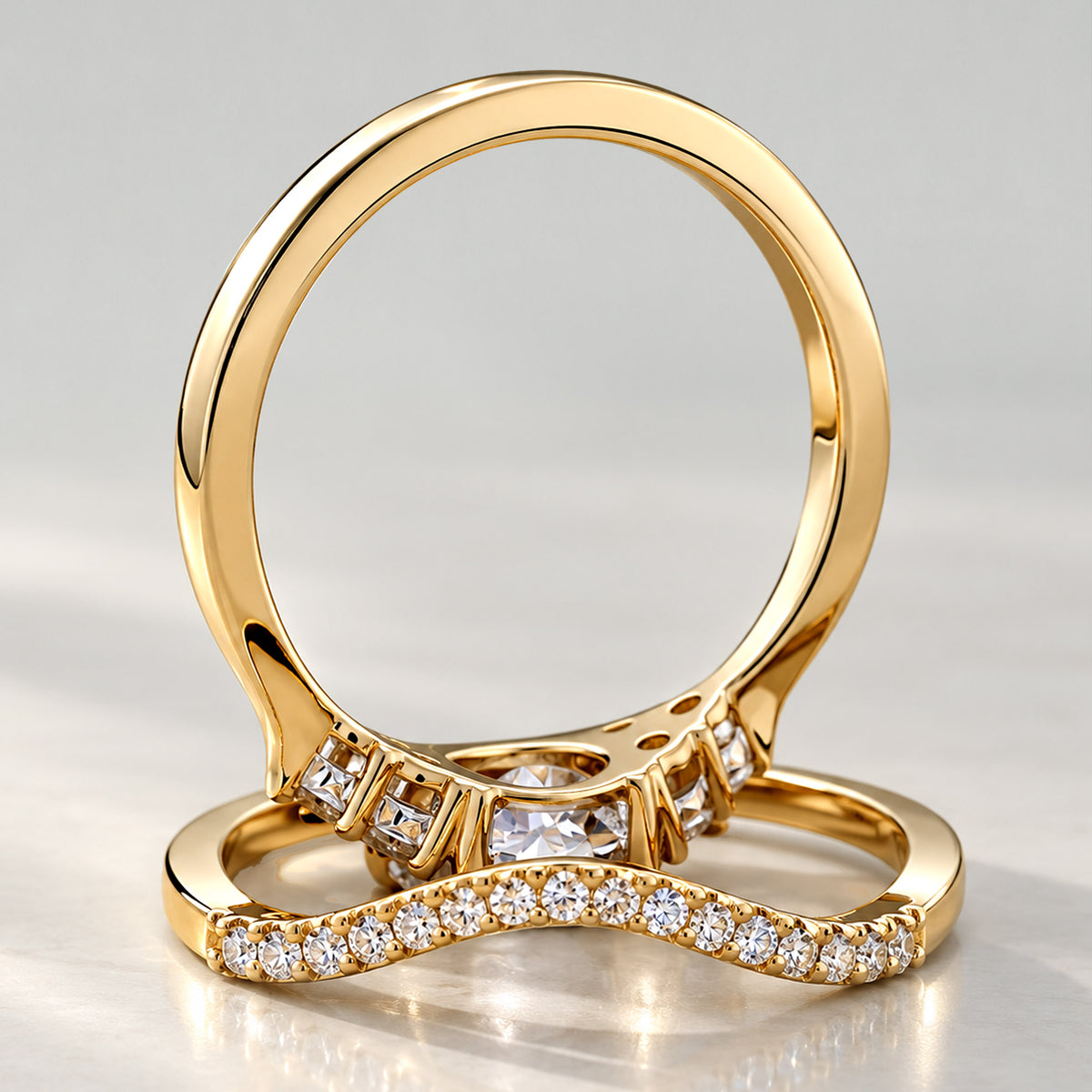 Modern Pave Design Round Cut Lab Grown Diamond Cathedral Basket Bridal Set With Round Cut Stones Half Pave Curved Band #MCBSL0033