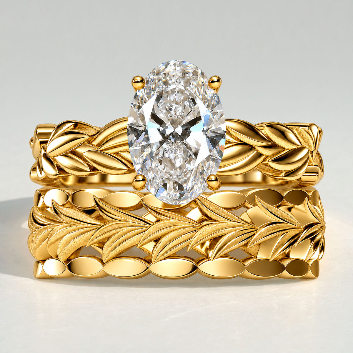 Nature Inspired Oval Cut Lab Grown Diamond Center Stone Hand Brushed Finish Bridal Set With Leaf Design Band #MCBSL0037