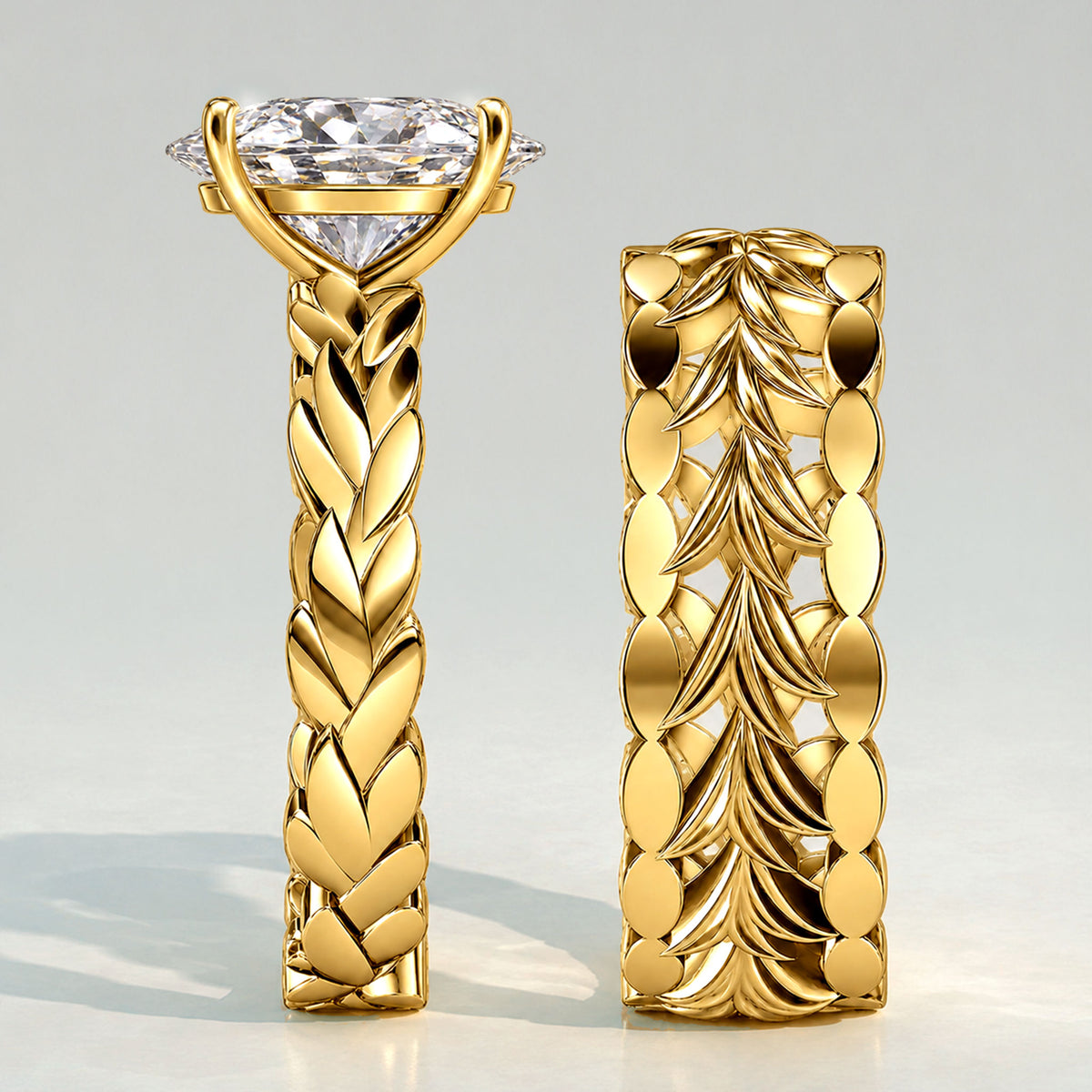 Nature Inspired Oval Cut Lab Grown Diamond Center Stone Hand Brushed Finish Bridal Set With Leaf Design Band #MCBSL0037