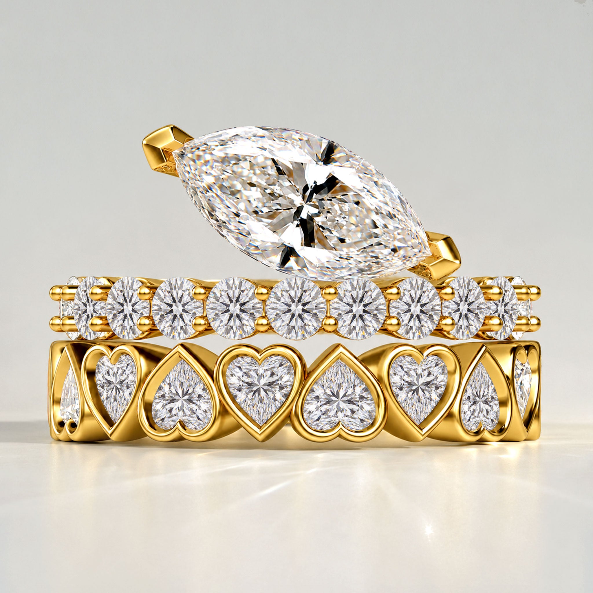Modern ArtDeco Design Marquise Cut Lab Grown Diamond Center Stone Bridal Set With Heart Cut Stones Pave Band #MCBSL0038