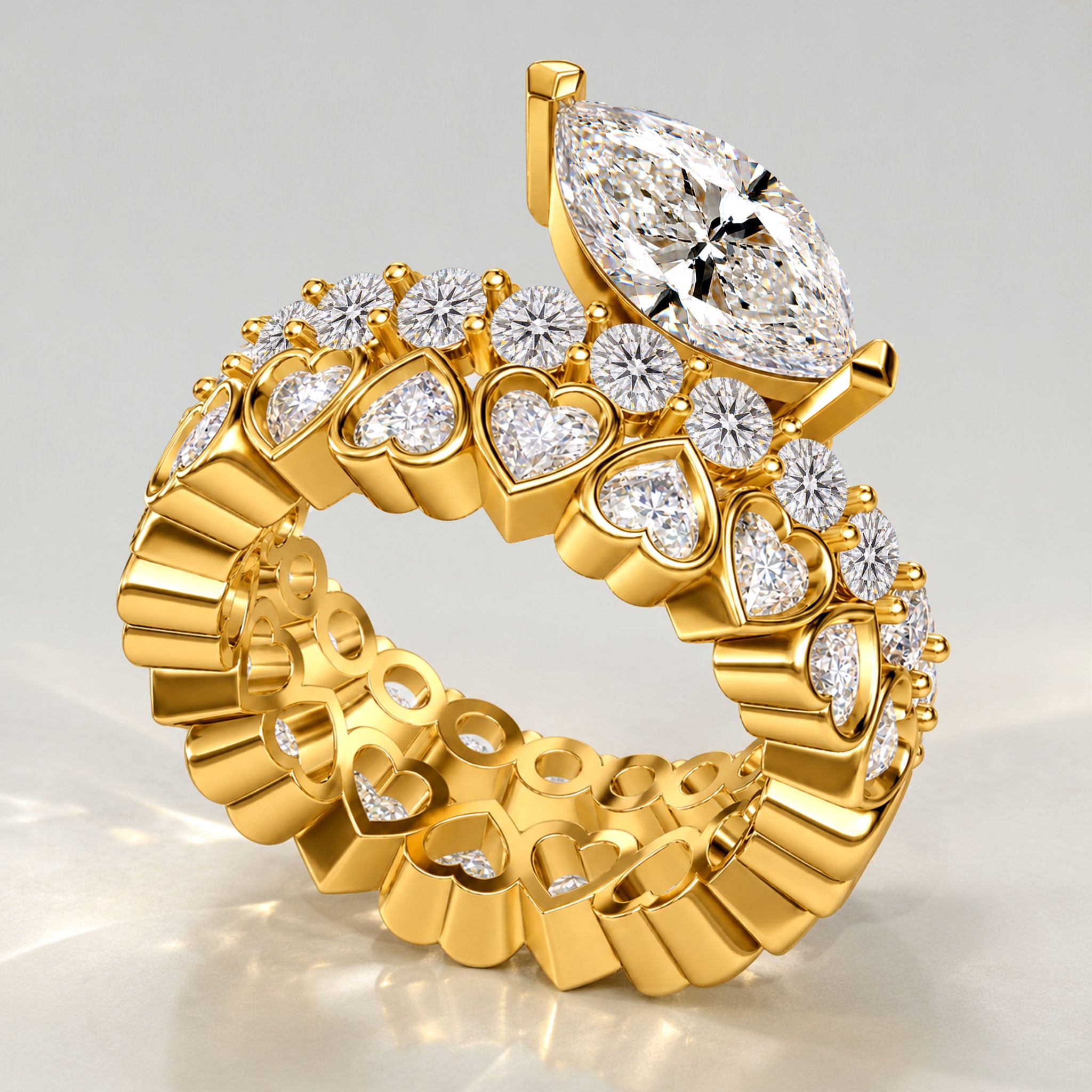 Modern ArtDeco Design Marquise Cut Lab Grown Diamond Center Stone Bridal Set With Heart Cut Stones Pave Band #MCBSL0038