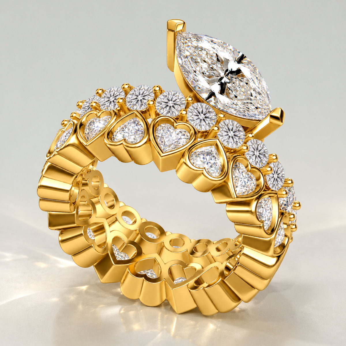 Modern ArtDeco Design Marquise Cut Lab Grown Diamond Center Stone Bridal Set With Heart Cut Stones Pave Band #MCBSL0038