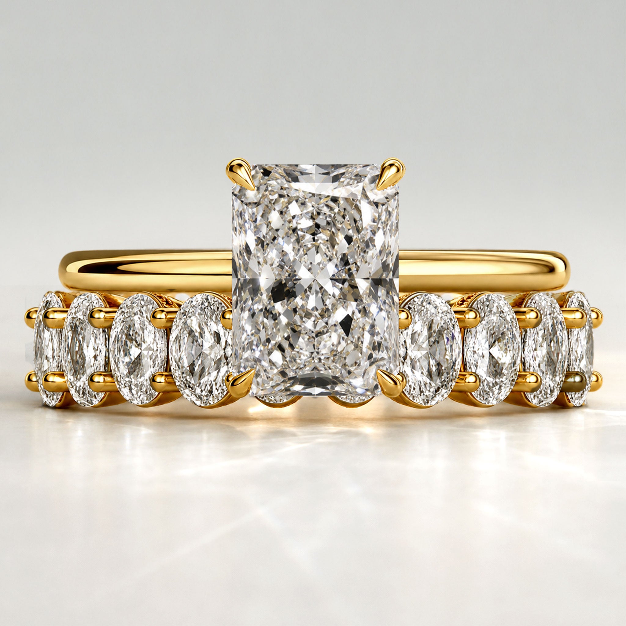 Classic Design Radiant Cut Lab Grown Diamond Center Stone Bridal Set With Oval Cut Stones Pave Band #MCBSL0039