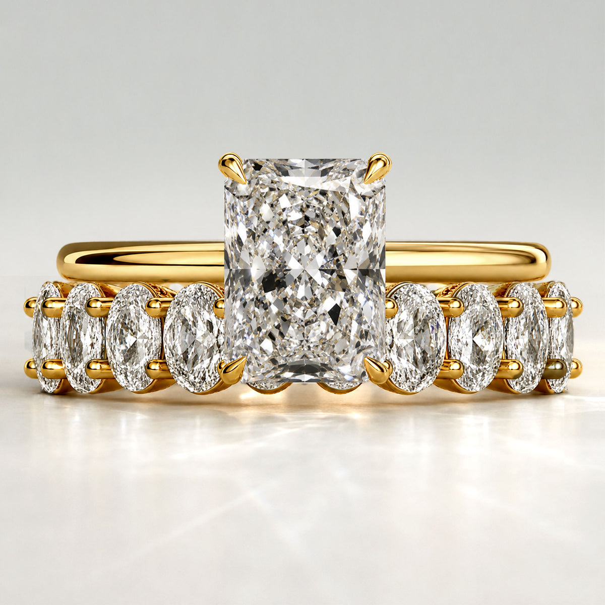 Classic Design Radiant Cut Lab Grown Diamond Center Stone Bridal Set With Oval Cut Stones Pave Band #MCBSL0039