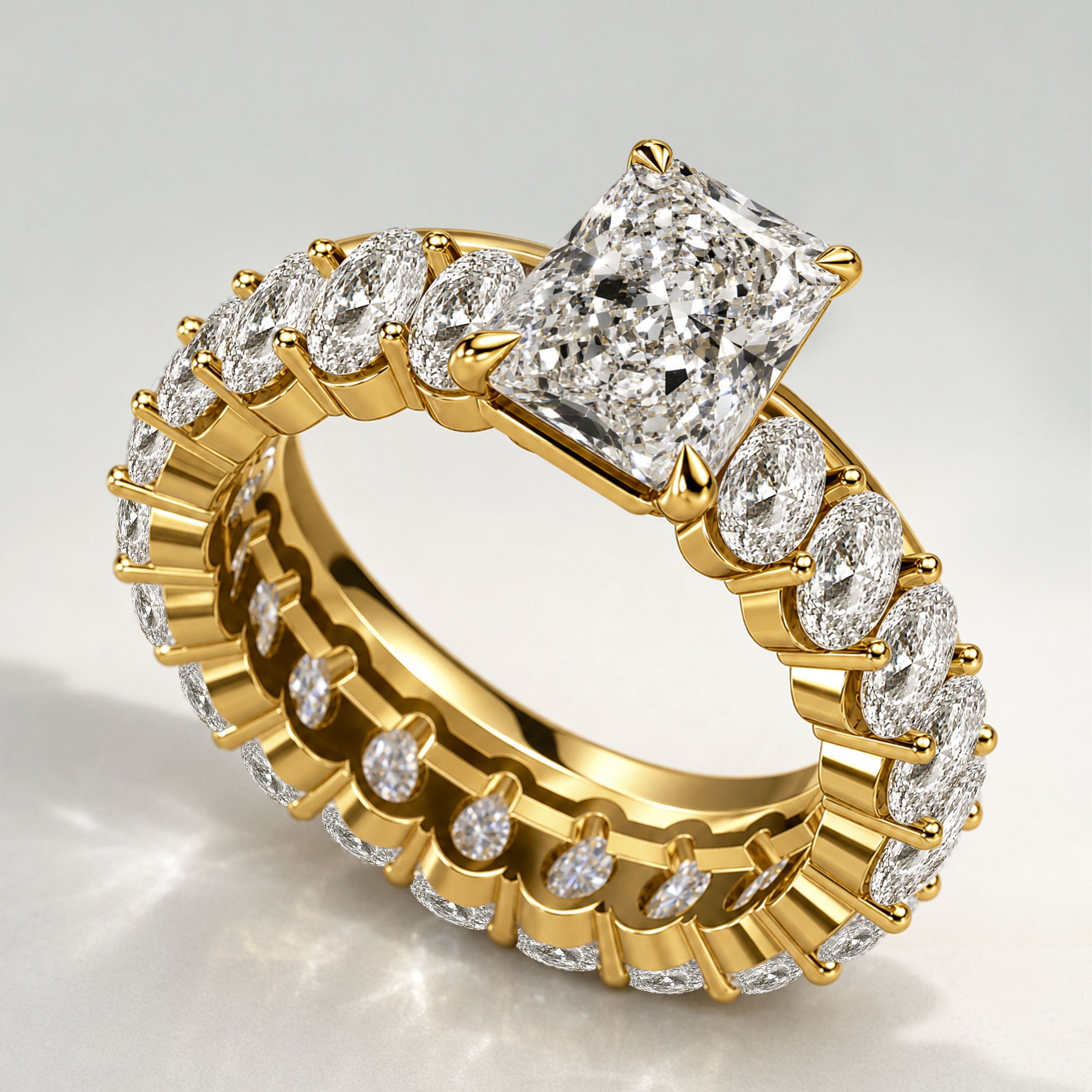 Classic Design Radiant Cut Lab Grown Diamond Center Stone Bridal Set With Oval Cut Stones Pave Band #MCBSL0039