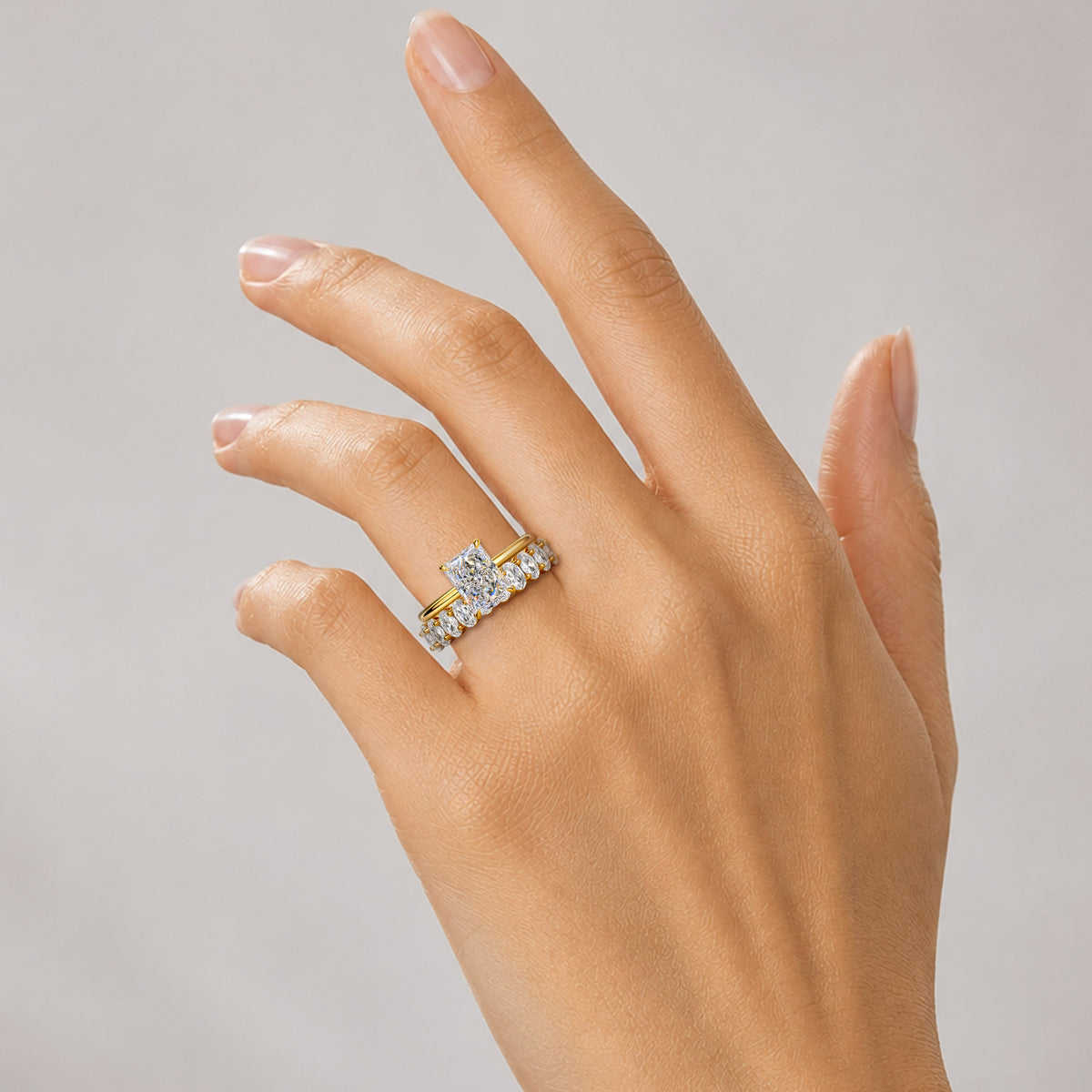 Classic Design Radiant Cut Lab Grown Diamond Center Stone Bridal Set With Oval Cut Stones Pave Band #MCBSL0039