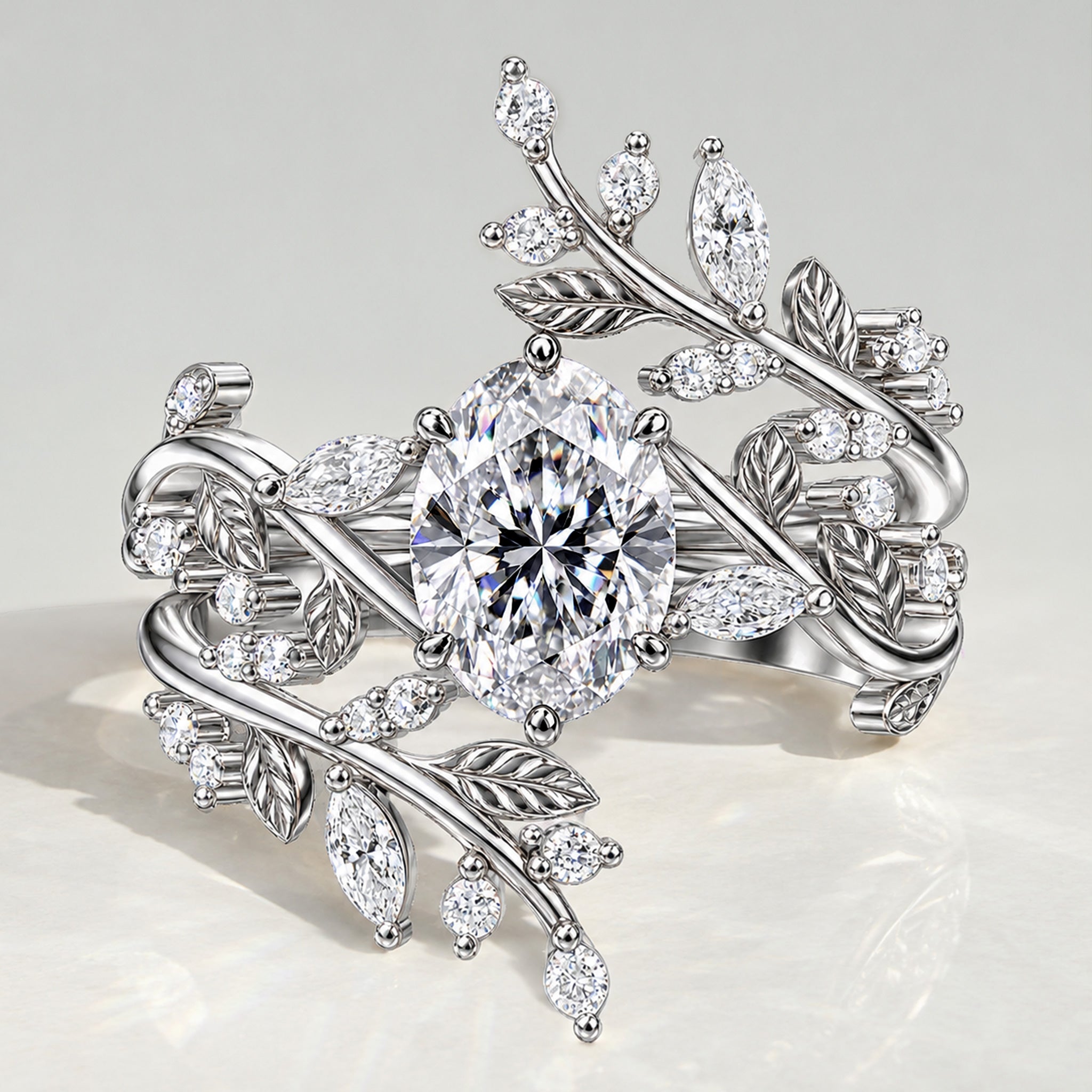Nature Inspired Floral Design Oval Cut Lab Grown Diamond Vines And Open Shank Bridal Set With Round Cut And Marquise Cut Accent Stones #MCBSL0042