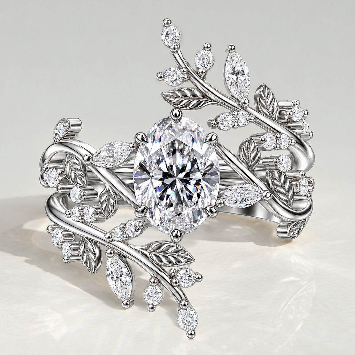 Nature Inspired Floral Design Oval Cut Lab Grown Diamond Vines And Open Shank Bridal Set With Round Cut And Marquise Cut Accent Stones #MCBSL0042