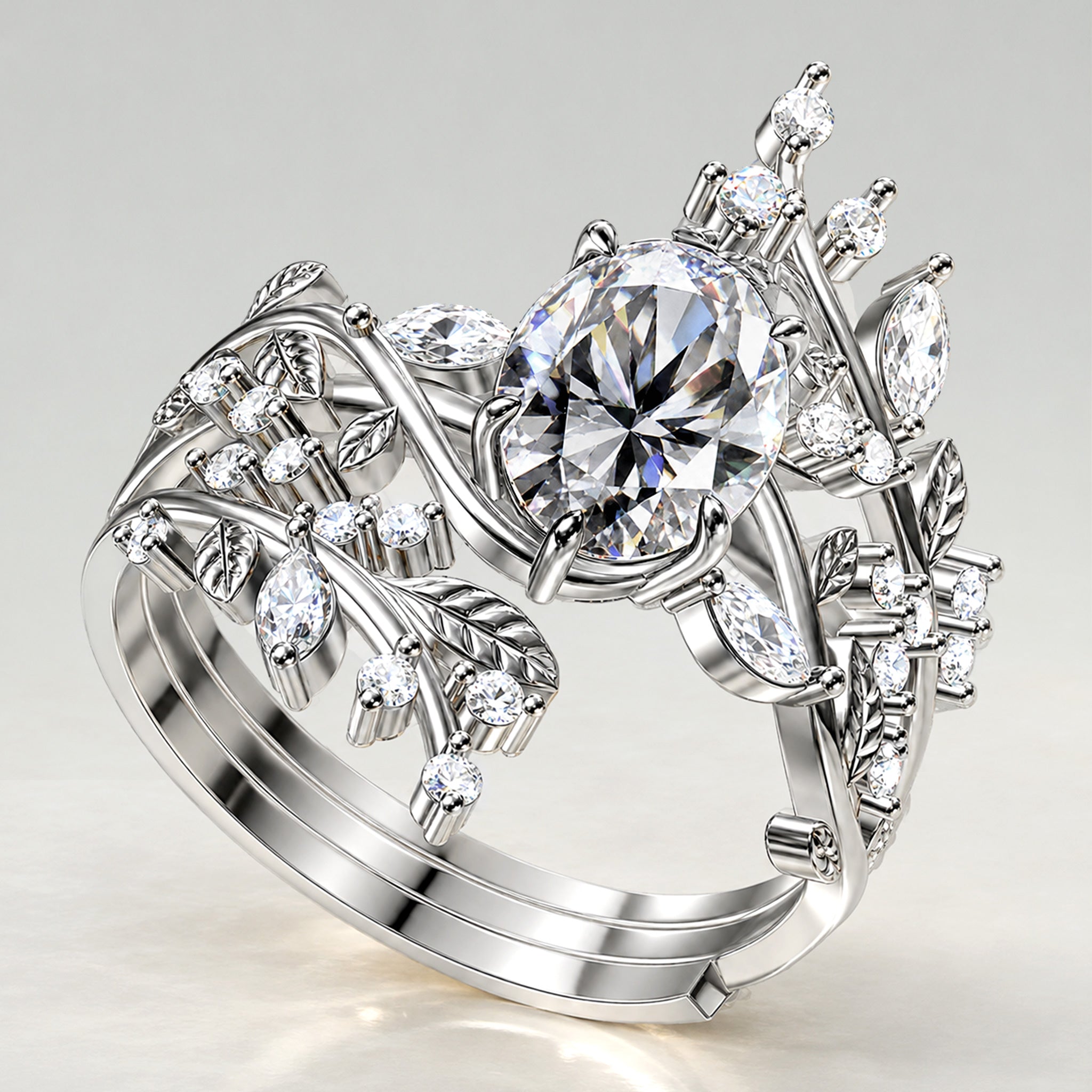 Nature Inspired Floral Design Oval Cut Lab Grown Diamond Vines And Open Shank Bridal Set With Round Cut And Marquise Cut Accent Stones #MCBSL0042