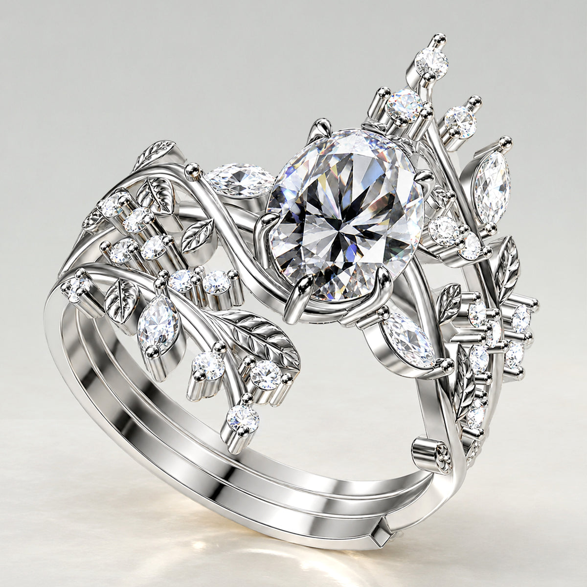 Nature Inspired Floral Design Oval Cut Lab Grown Diamond Vines And Open Shank Bridal Set With Round Cut And Marquise Cut Accent Stones #MCBSL0042