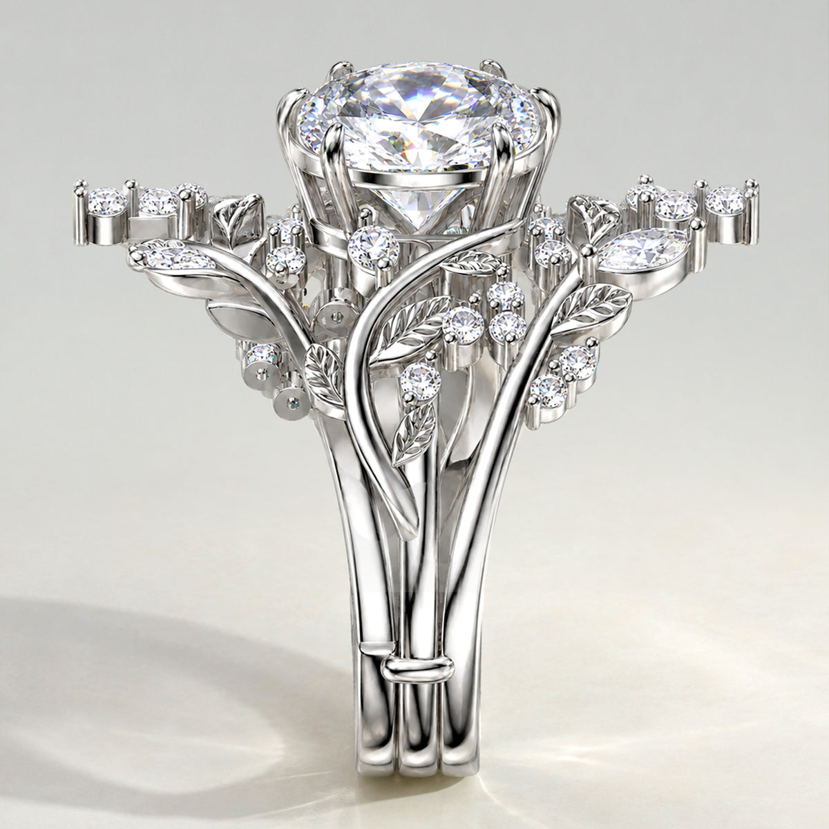 Nature Inspired Floral Design Oval Cut Lab Grown Diamond Vines And Open Shank Bridal Set With Round Cut And Marquise Cut Accent Stones #MCBSL0042