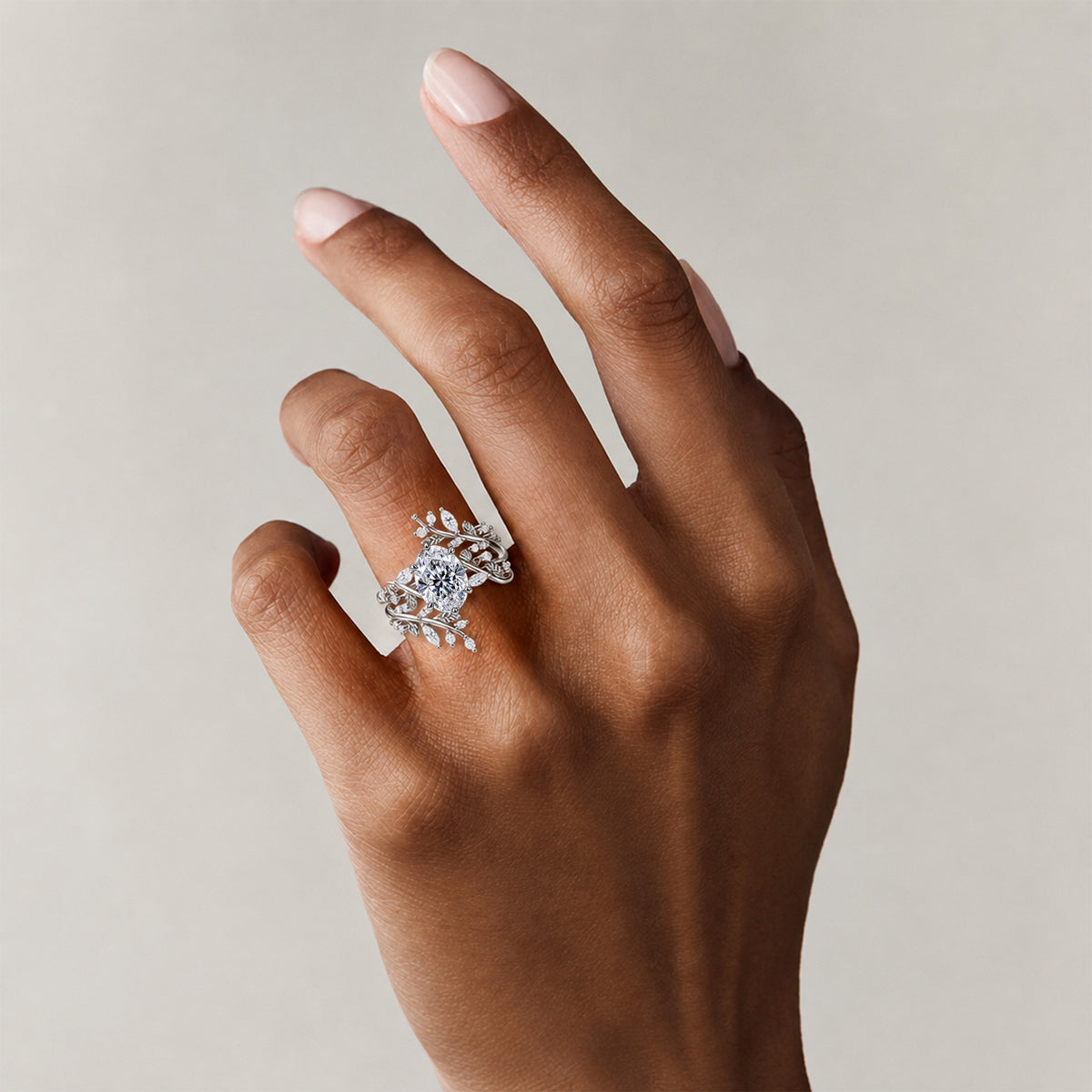Nature Inspired Floral Design Oval Cut Lab Grown Diamond Vines And Open Shank Bridal Set With Round Cut And Marquise Cut Accent Stones #MCBSL0042
