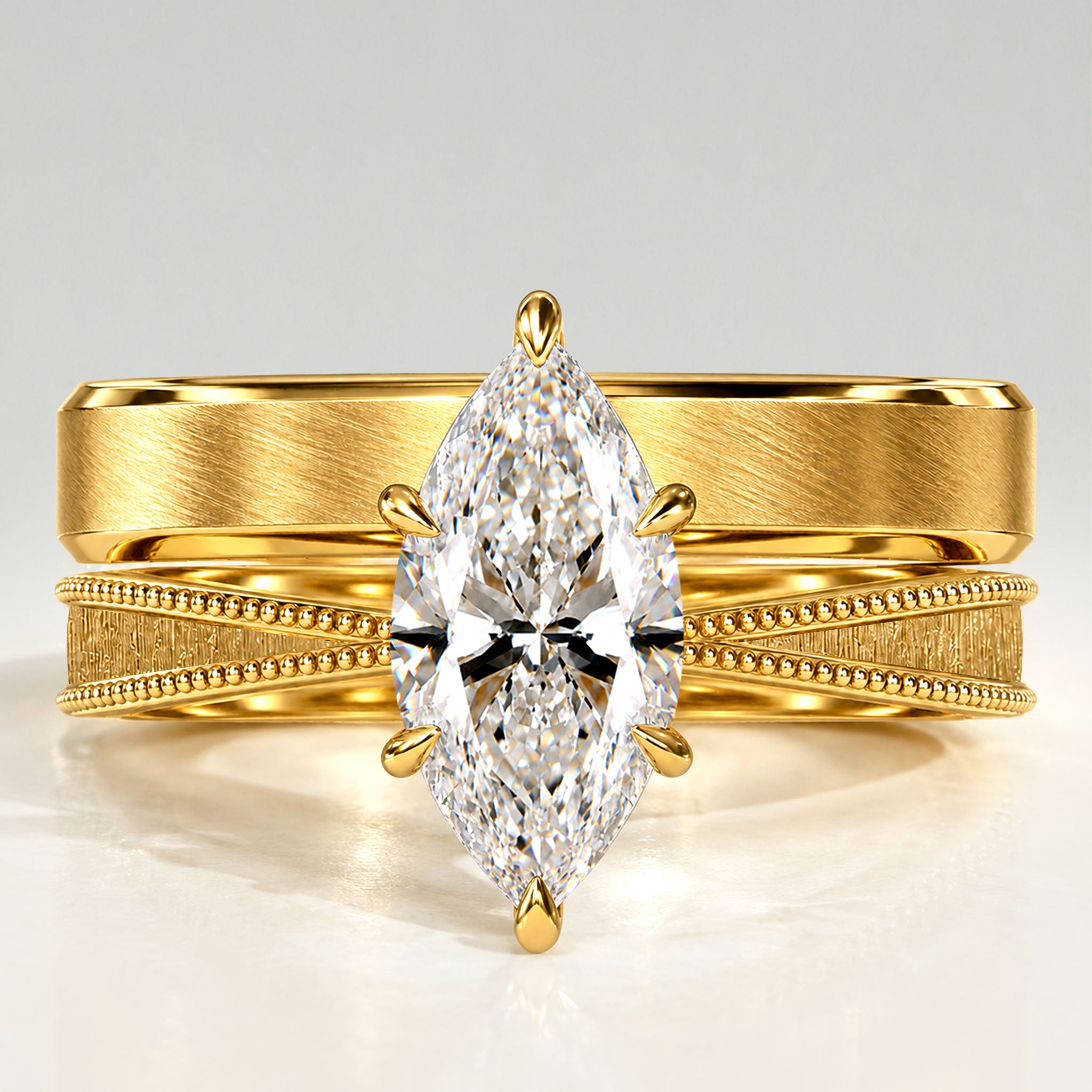 Vintage Hidden Halo Marquise Cut Lab Grown Diamond Center Stone Hand Brushed Finish Milgrain Bridal Set With Baguette Cut Band #MCBSL0044