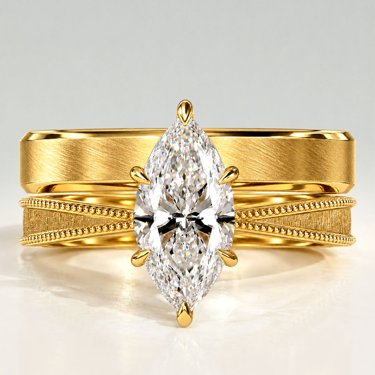 Vintage Hidden Halo Marquise Cut Lab Grown Diamond Center Stone Hand Brushed Finish Milgrain Bridal Set With Baguette Cut Band #MCBSL0044