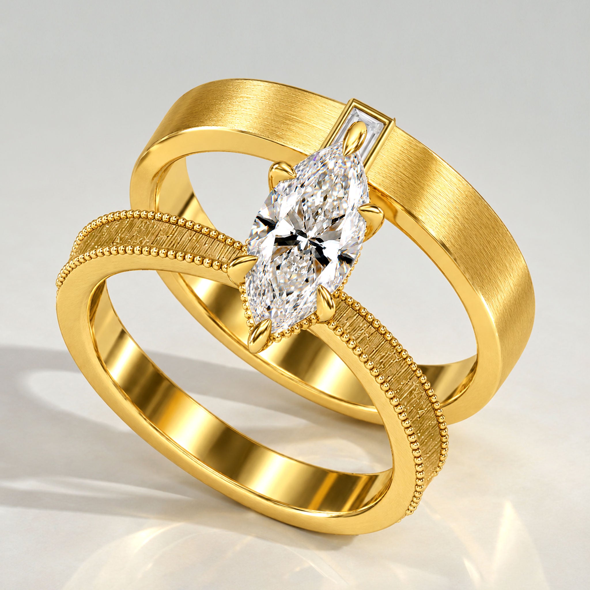 Vintage Hidden Halo Marquise Cut Lab Grown Diamond Center Stone Hand Brushed Finish Milgrain Bridal Set With Baguette Cut Band #MCBSL0044