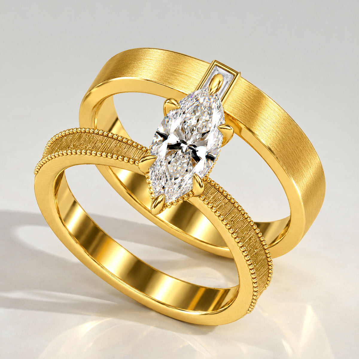 Vintage Hidden Halo Marquise Cut Lab Grown Diamond Center Stone Hand Brushed Finish Milgrain Bridal Set With Baguette Cut Band #MCBSL0044