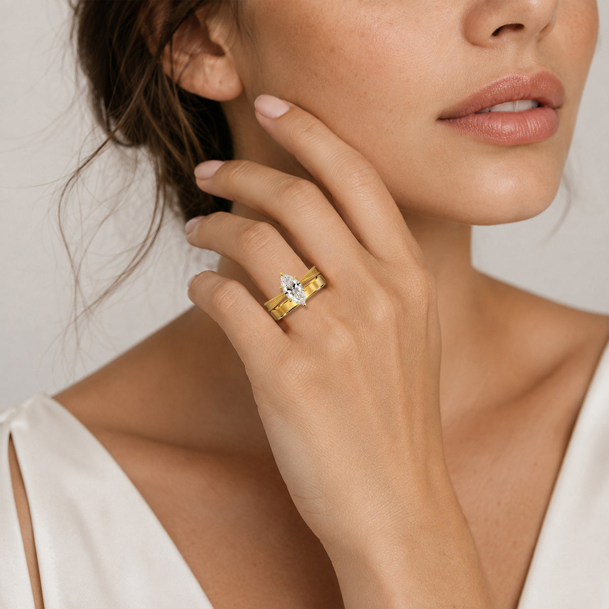 Vintage Hidden Halo Marquise Cut Lab Grown Diamond Center Stone Hand Brushed Finish Milgrain Bridal Set With Baguette Cut Band #MCBSL0044