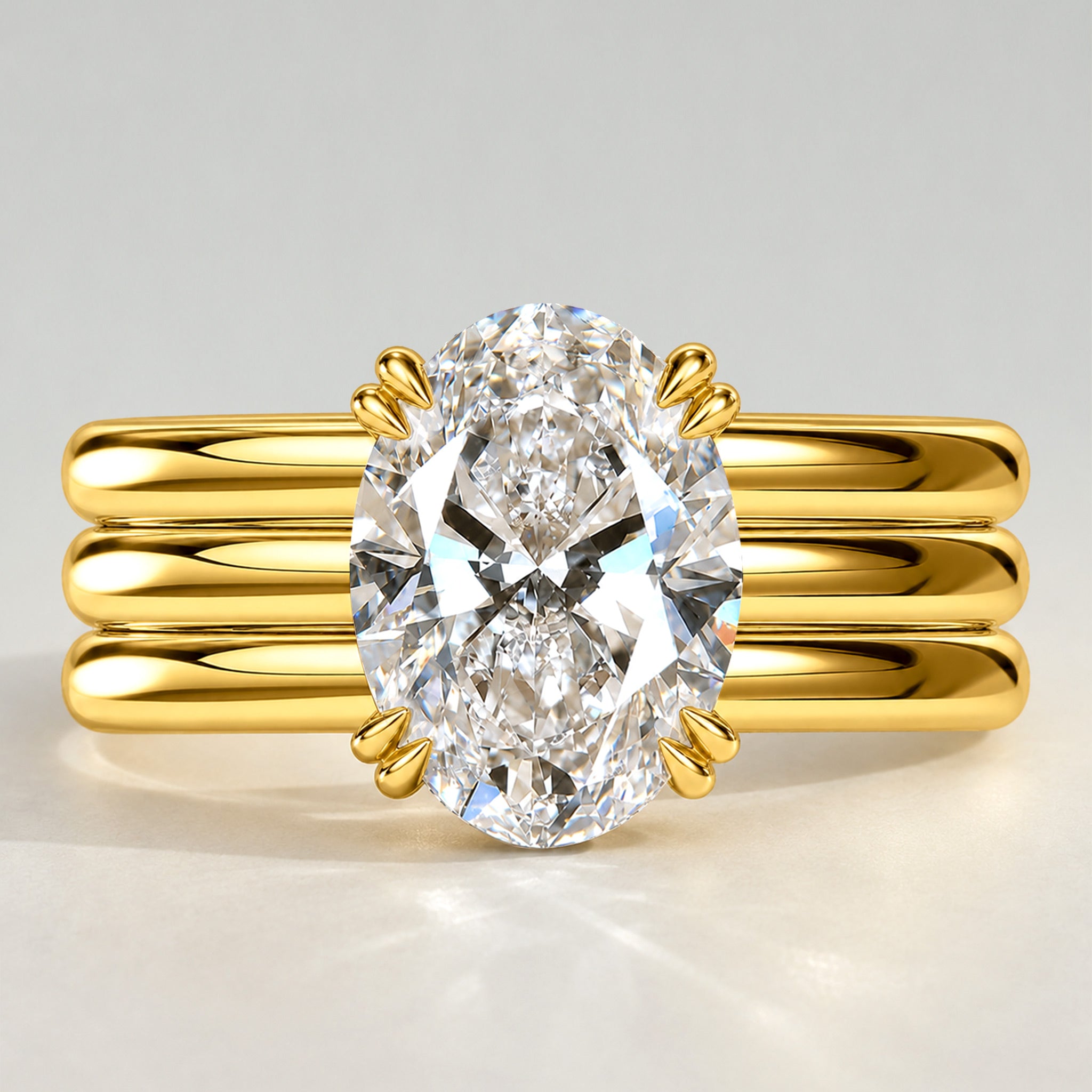 Hidden Halo Modern Design Oval Cut Lab Grown Diamond Center Stone Bridal Set With Polish Open Shank Band #MCBSL0045