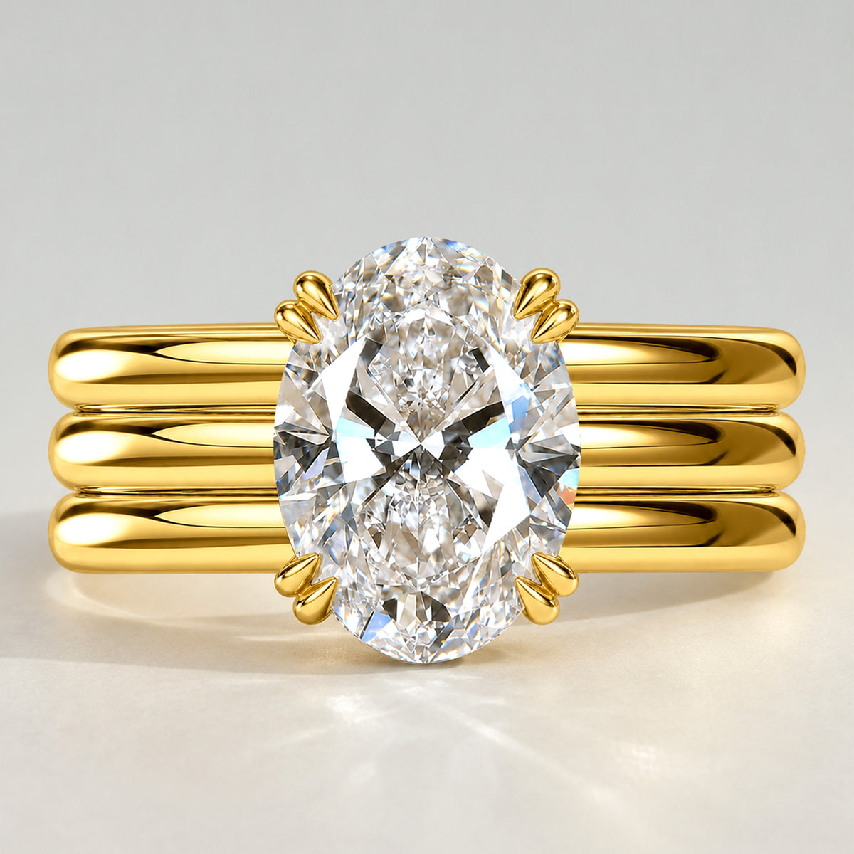 Hidden Halo Modern Design Oval Cut Lab Grown Diamond Center Stone Bridal Set With Polish Open Shank Band #MCBSL0045