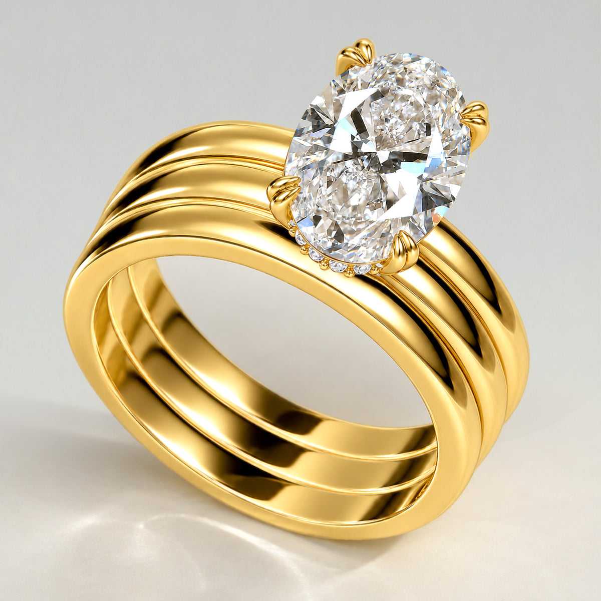 Hidden Halo Modern Design Oval Cut Lab Grown Diamond Center Stone Bridal Set With Polish Open Shank Band #MCBSL0045