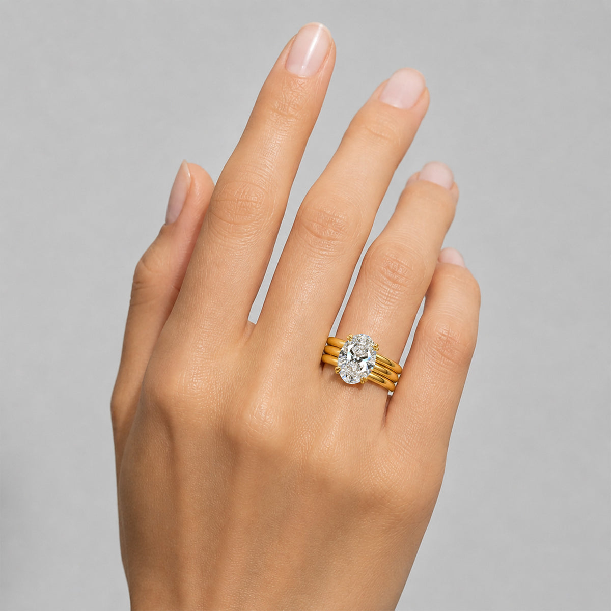 Hidden Halo Modern Design Oval Cut Lab Grown Diamond Center Stone Bridal Set With Polish Open Shank Band #MCBSL0045