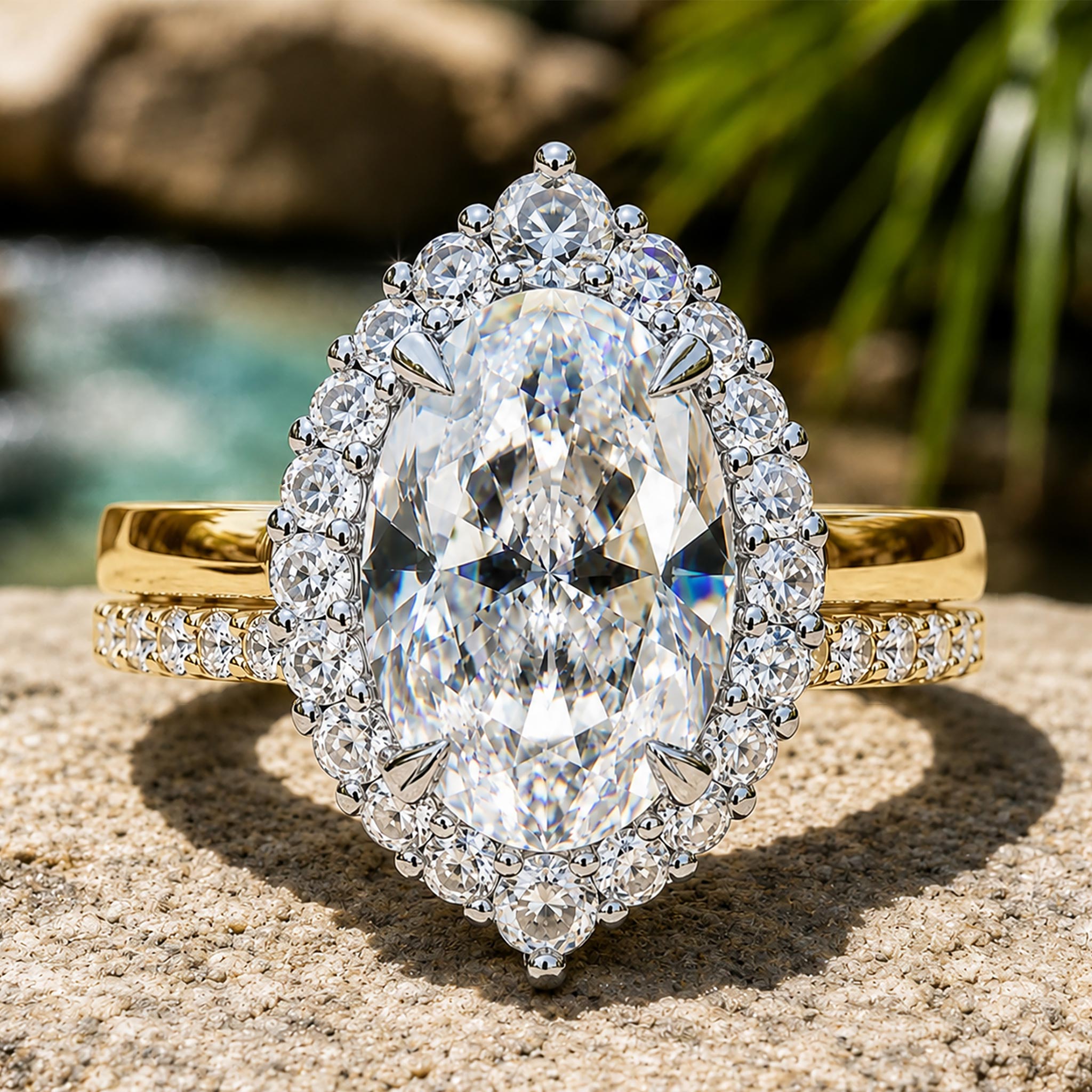 Halo Design 6CT Oval Cut Moissanite And Half Pave Band Bridal Set With Round Cut Accent Moissanites #MCBSM0004