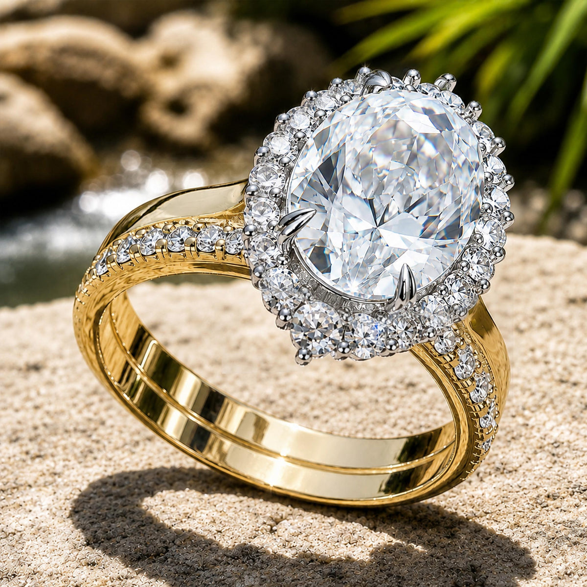 Halo Design 6CT Oval Cut Moissanite And Half Pave Band Bridal Set With Round Cut Accent Moissanites #MCBSM0004