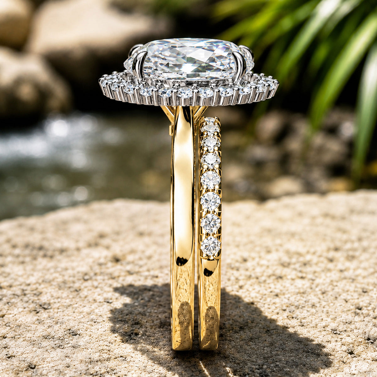 Halo Design 6CT Oval Cut Moissanite And Half Pave Band Bridal Set With Round Cut Accent Moissanites #MCBSM0004