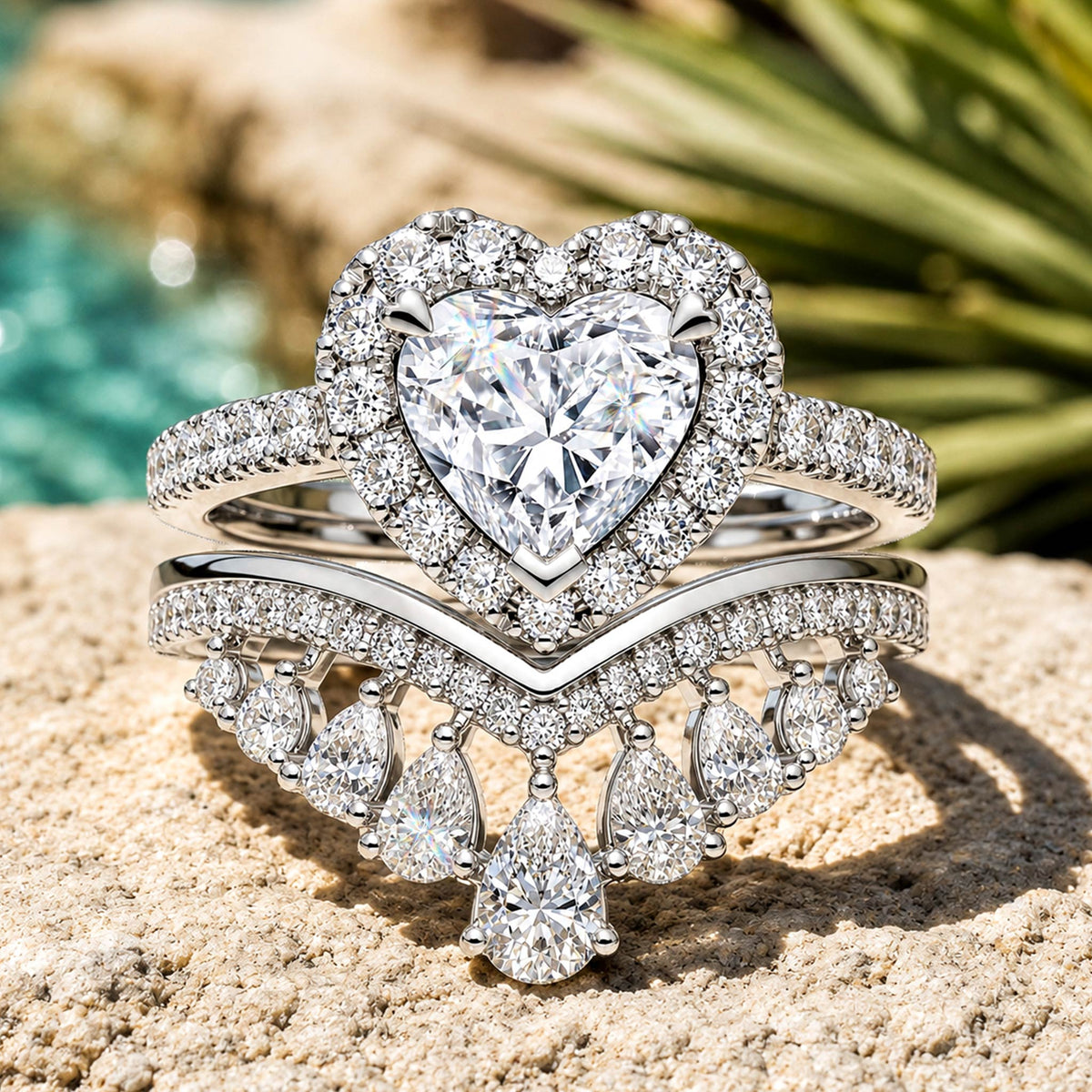 Halo Design 0.5CT Heart Cut Moissanite Center Stone Pave Shank Bridal Set With Curved Band And Pear Cut Accent Moissanites #MCBSM0005