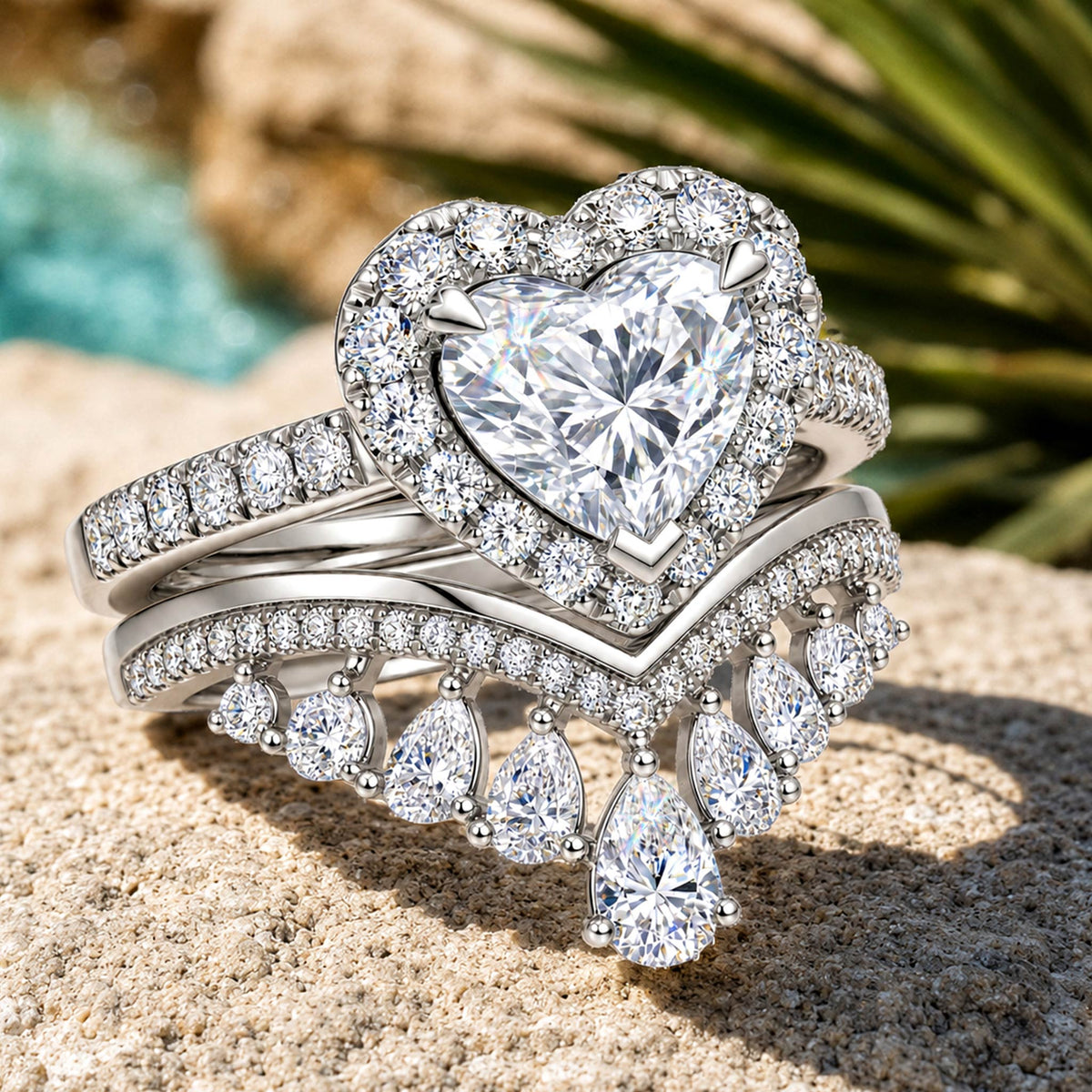 Halo Design 0.5CT Heart Cut Moissanite Center Stone Pave Shank Bridal Set With Curved Band And Pear Cut Accent Moissanites #MCBSM0005