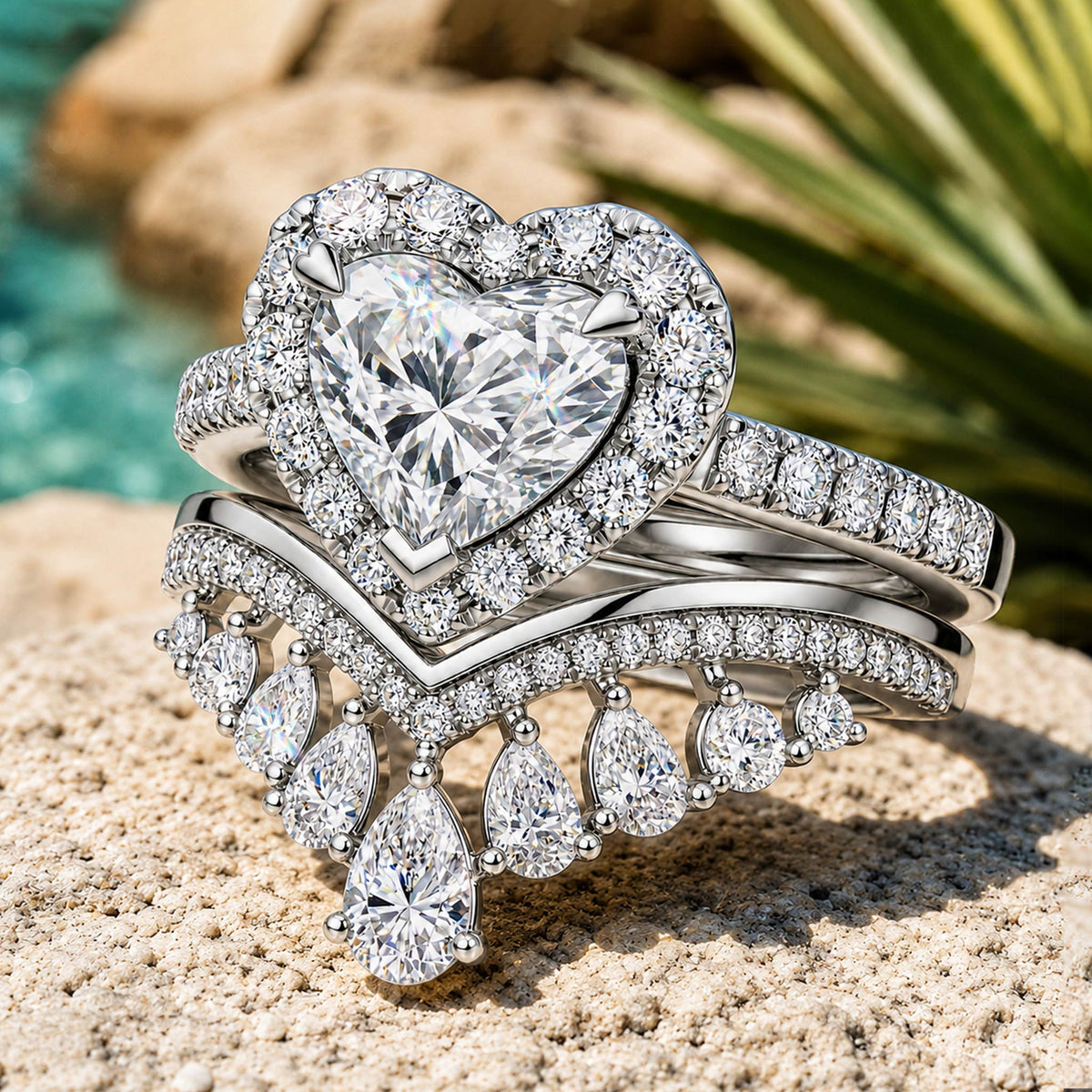 Halo Design 0.5CT Heart Cut Moissanite Center Stone Pave Shank Bridal Set With Curved Band And Pear Cut Accent Moissanites #MCBSM0005