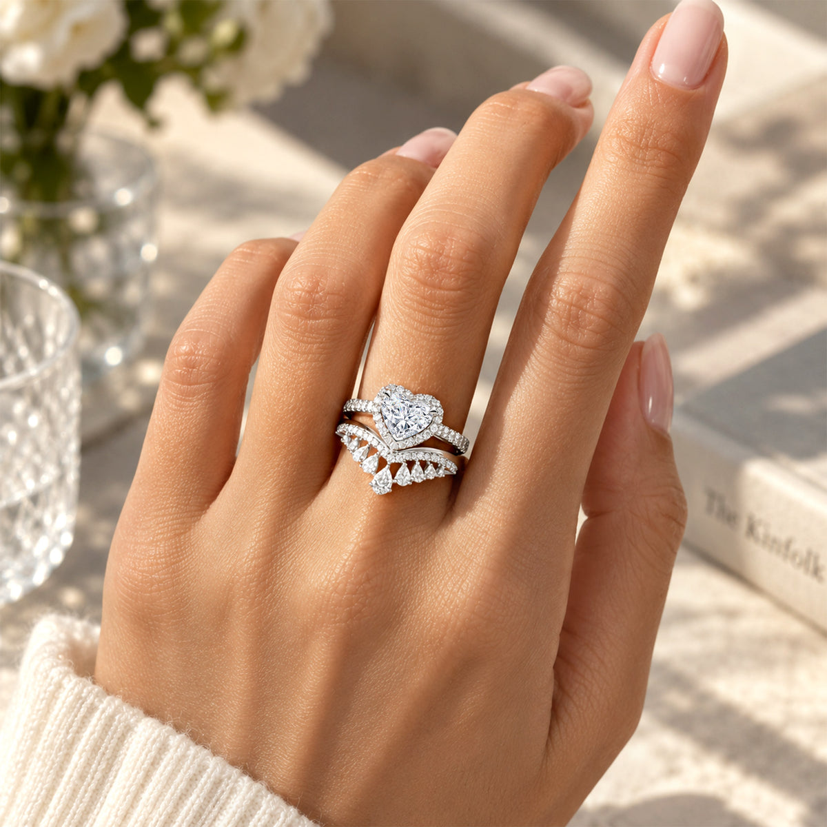 Halo Design 0.5CT Heart Cut Moissanite Center Stone Pave Shank Bridal Set With Curved Band And Pear Cut Accent Moissanites #MCBSM0005