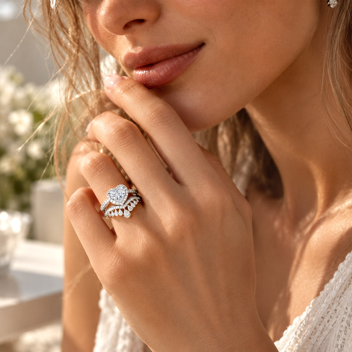 Halo Design 0.5CT Heart Cut Moissanite Center Stone Pave Shank Bridal Set With Curved Band And Pear Cut Accent Moissanites #MCBSM0005