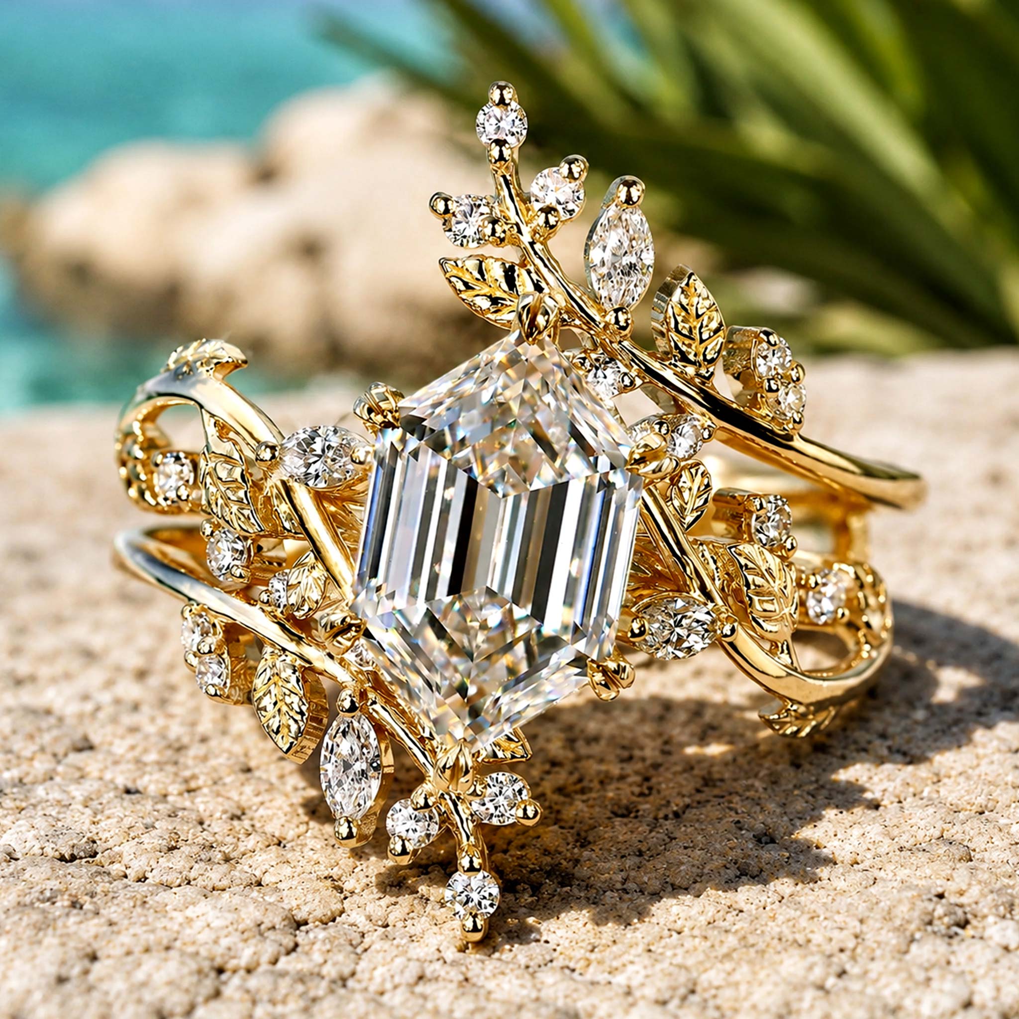 Nature Inspired Floral 2CT Design Dutch Marquise Cut Moissanite Vines Shank Bridal Set With Open Shank Band And Marquise Accent Moissanites #MCBSM0006