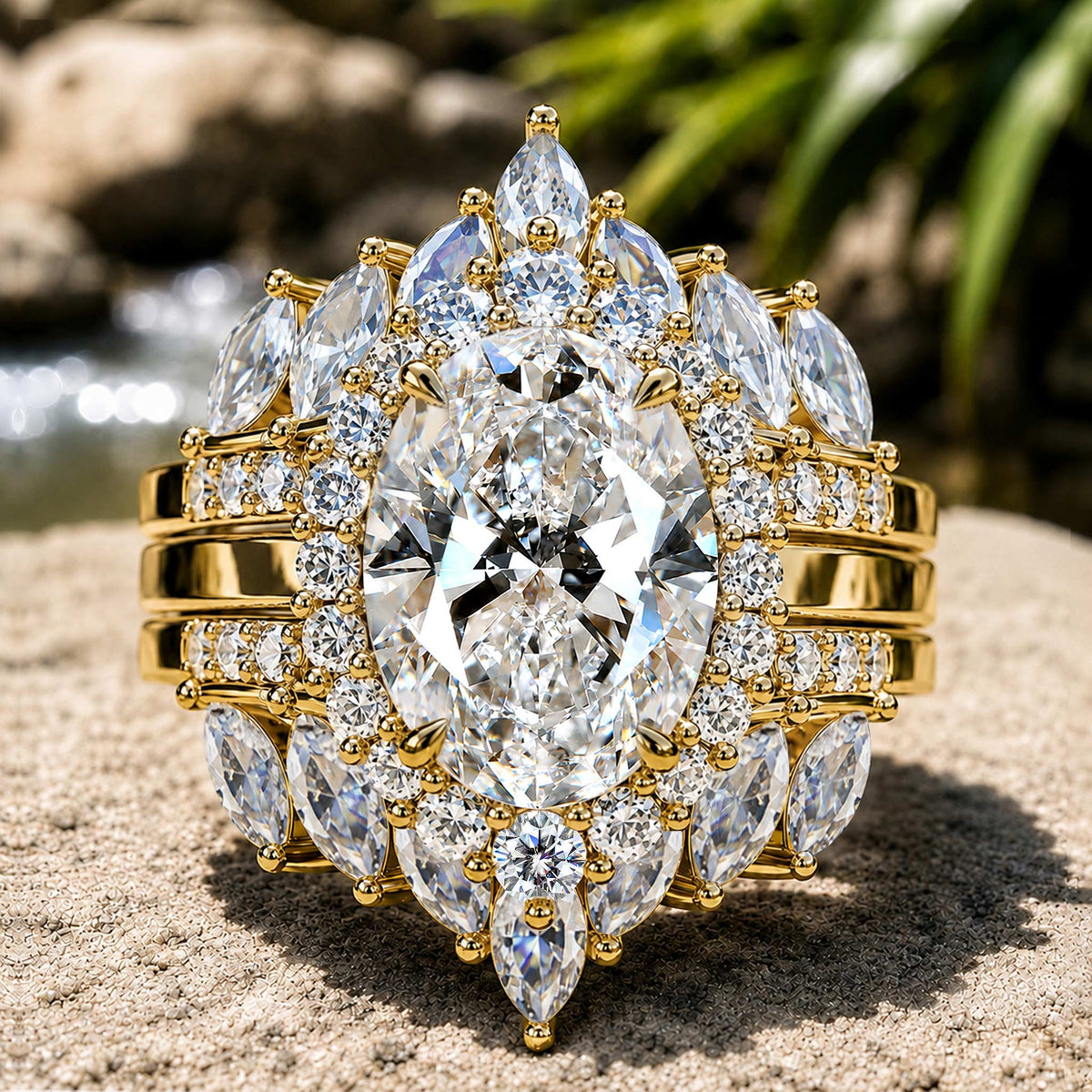 Halo Vintage Design 6CT Moissanite Center Stone Bridal Set With Open Shank Bnad and Marquise Cut Accent Moissanites #MCBSM0007