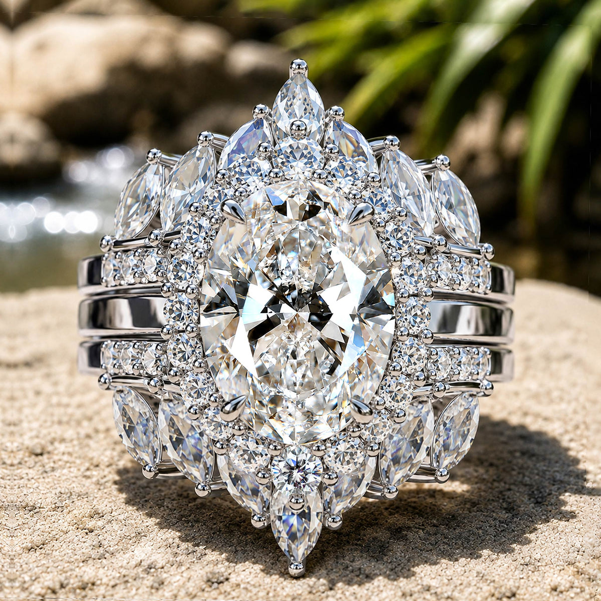 Halo Vintage Design 6CT Moissanite Center Stone Bridal Set With Open Shank Bnad and Marquise Cut Accent Moissanites #MCBSM0007